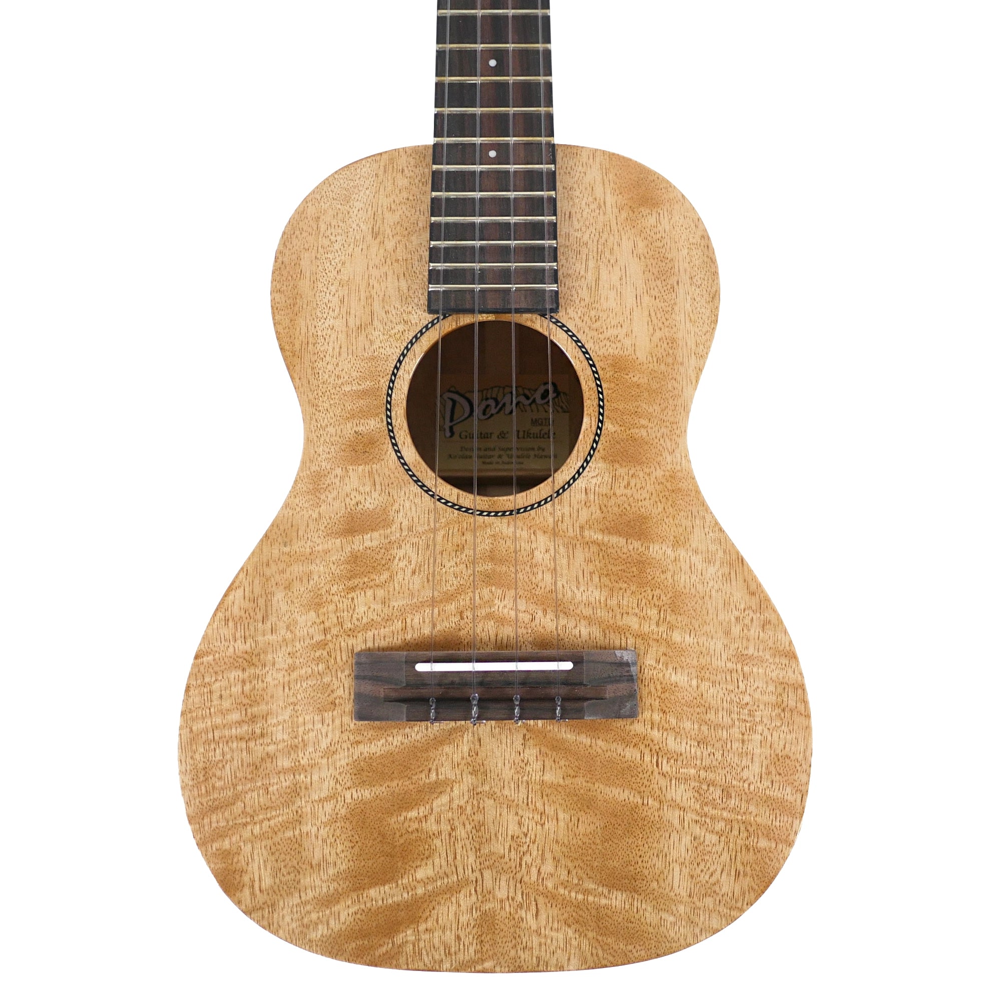 Close-up front view highlights the solid mango top, ebony bridge, bone saddle, and rope marquetry rosette.