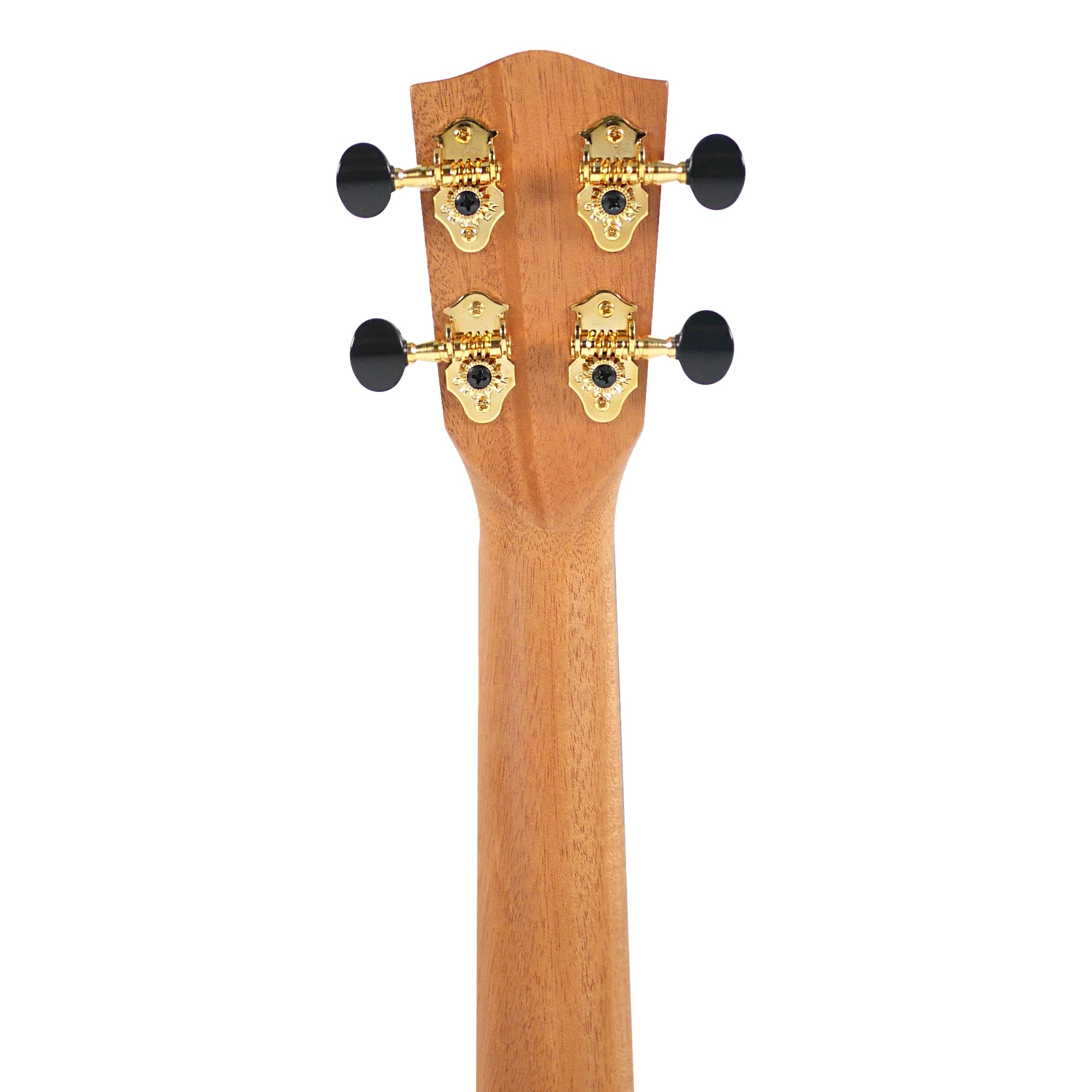 Rear neck and headstock view shows the wood neck and four Grover tuning machines.