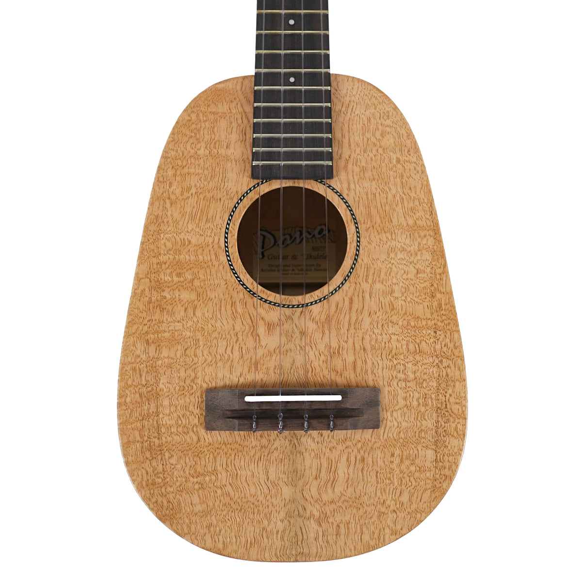 Close-up front view highlights the solid mango top, rope rosette, ebony bridge, and bone saddle.