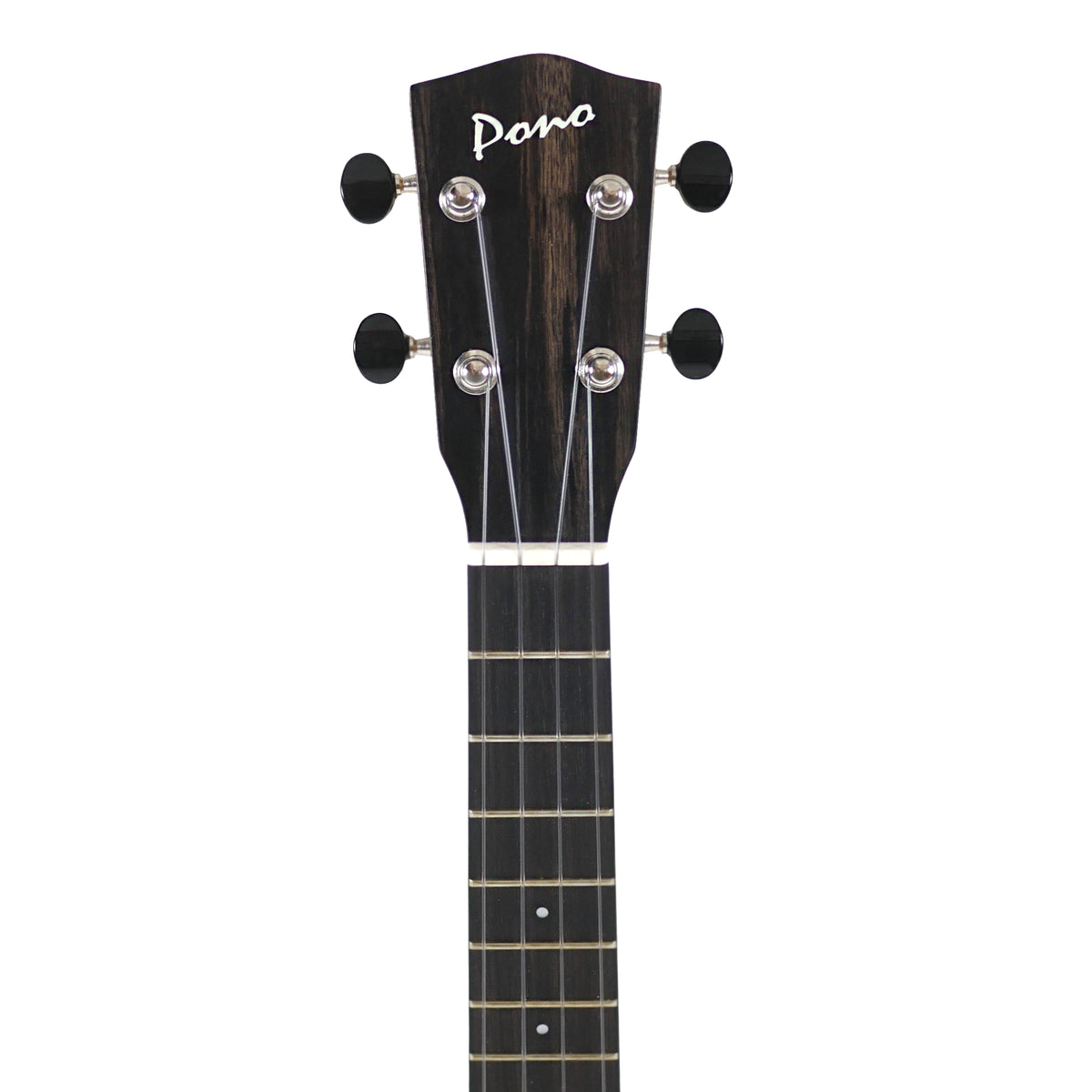 The headstock close-up displays the ebony headstock and chrome Grover 9NB tuners of the Pono MGTP Tenor Ukulele.
