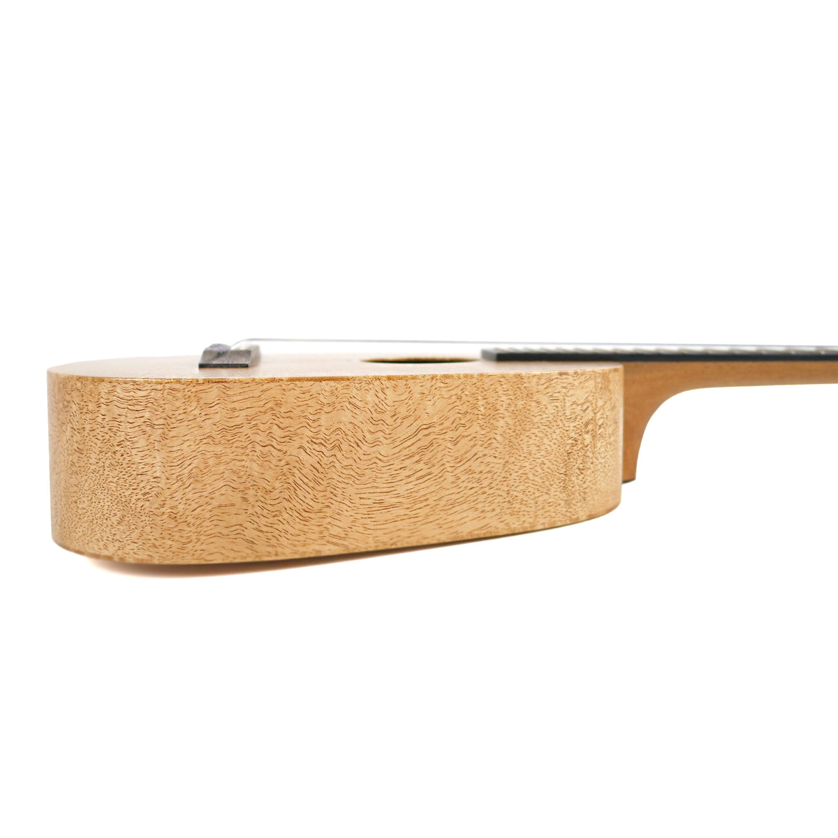 The side profile highlights the solid mango sides and pineapple body shape of the Pono MGTP Tenor Ukulele.