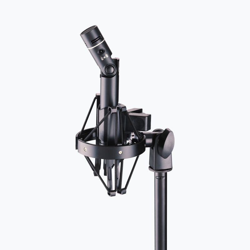 On-Stage MY420 on a mic stand holding a small-diaphragm condenser microphone