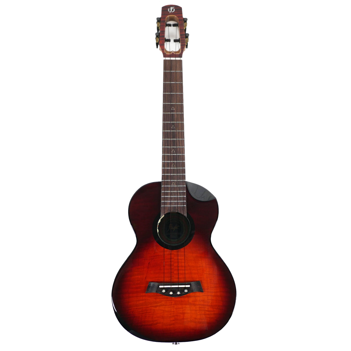 The full front view showcases the flamed maple top, rosewood fretboard, and distinctive shape of the Flight Navigator Tenor.