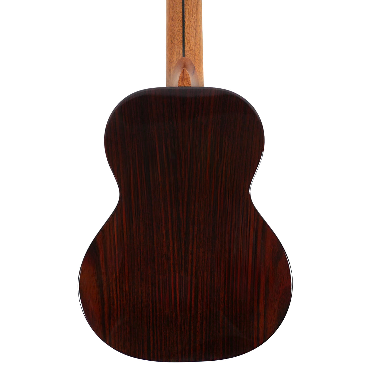 The rear view showcases the rich solid rosewood back and mahogany neck of the Flight Navigator Tenor.