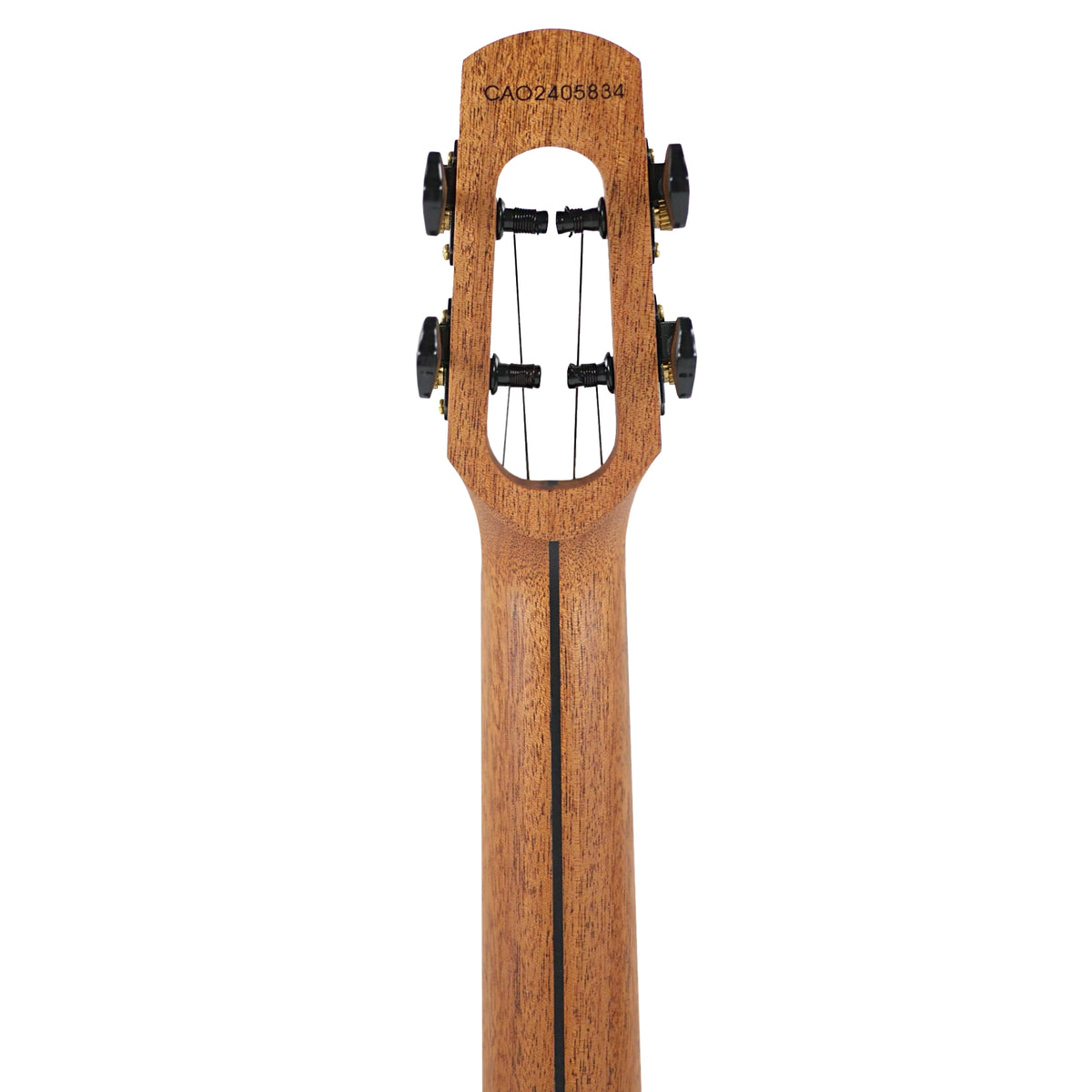 The rear headstock view highlights the slotted construction and mahogany neck of the Flight Navigator Tenor.