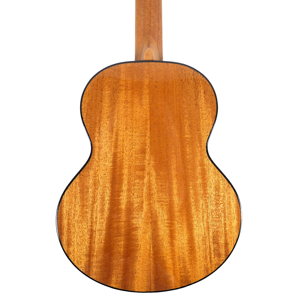 The rear view highlights the solid mahogany back and African mahogany neck of the Flight Nomad Baritone.