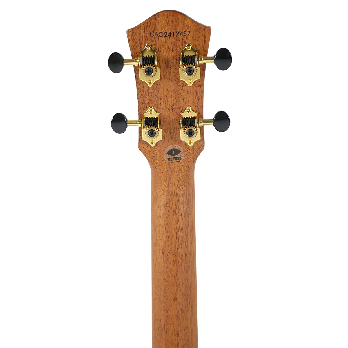 The rear headstock view showcases the gold tuning machines and African mahogany neck of the Flight Nomad Baritone.