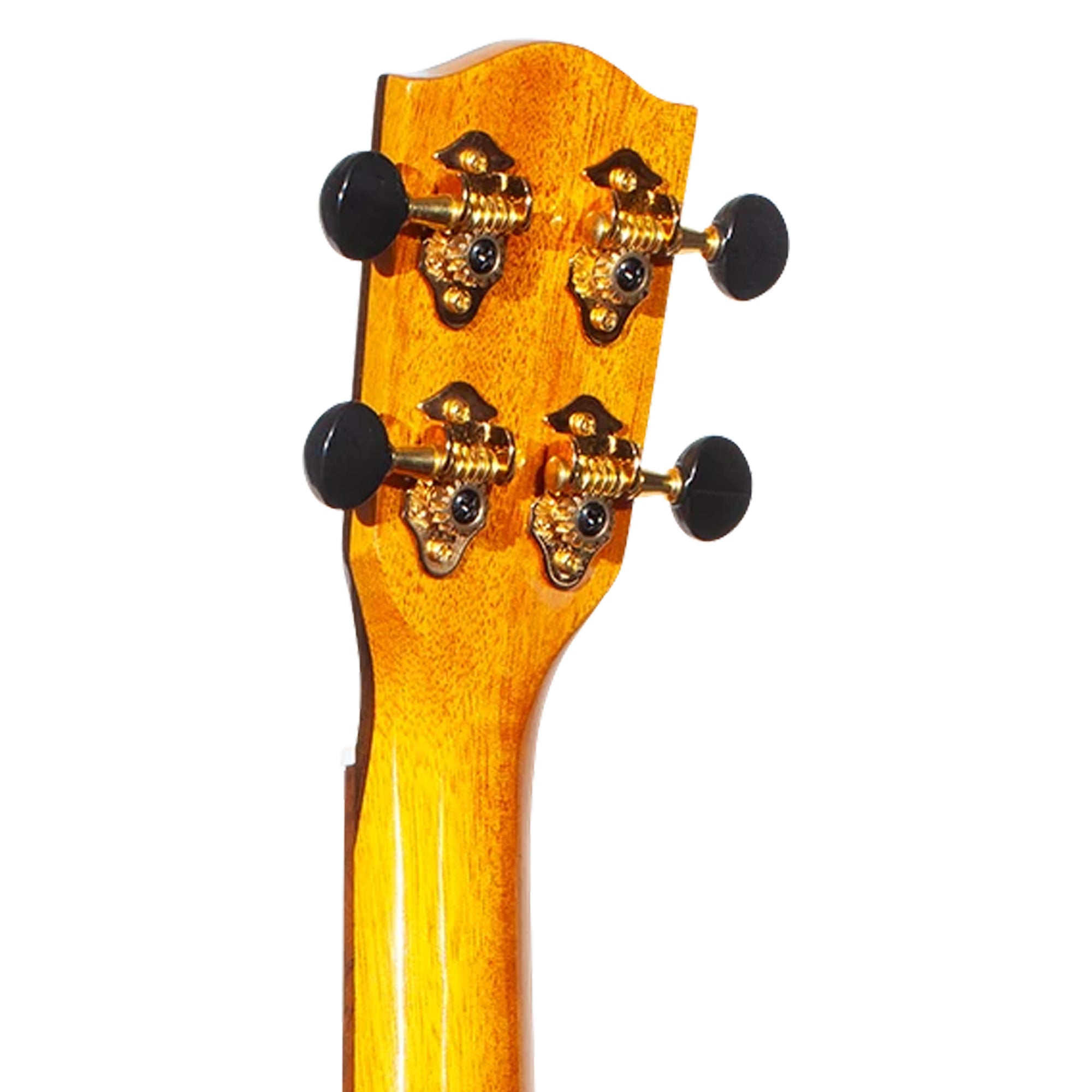 Close-up of the headstock of a wooden stringed instrument, showing four tuning pegs with black knobs and gold-toned hardware on a plain white background.
