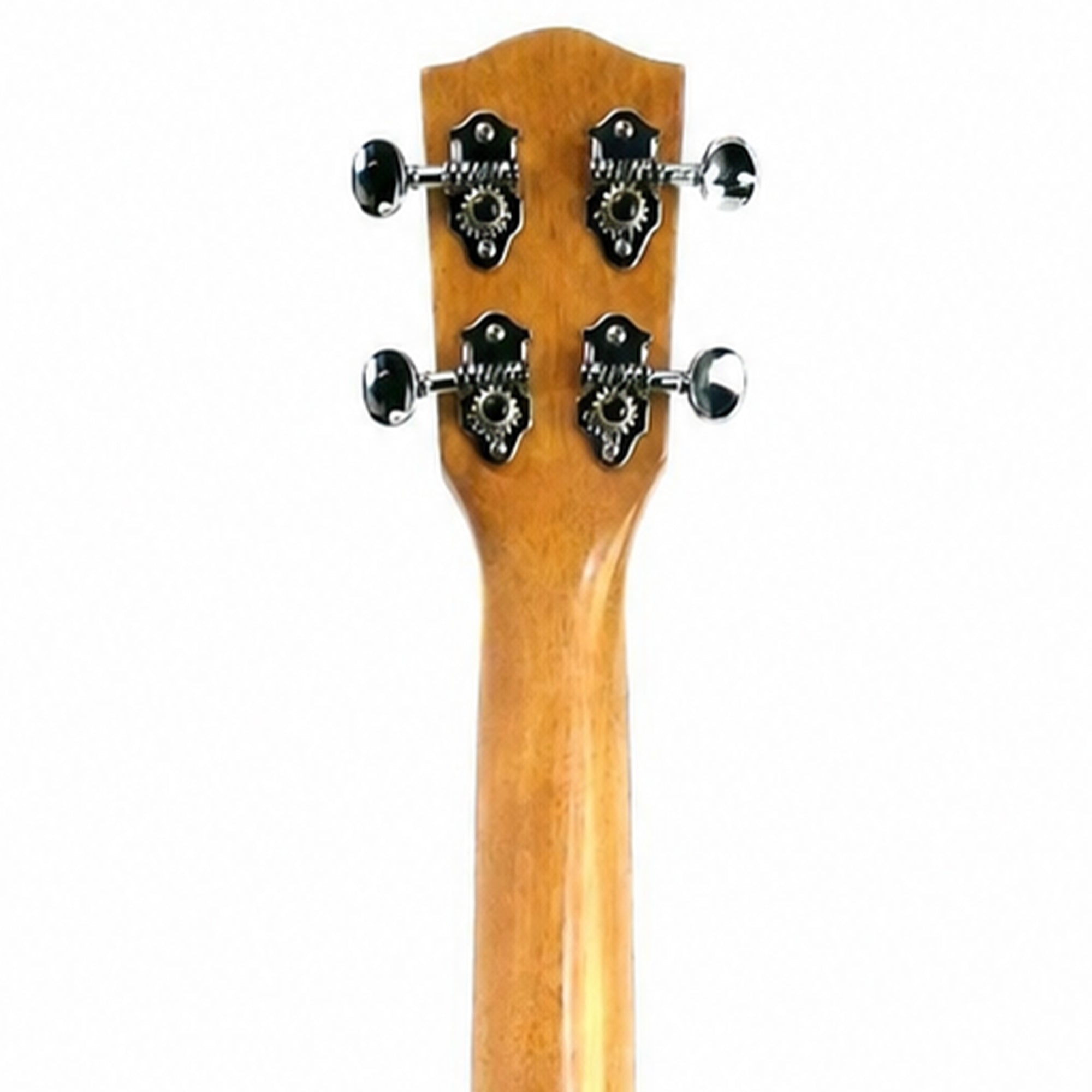 Close-up of the headstock of a wooden stringed instrument, showing four tuning pegs with black and silver decorative knobs on a plain white background.