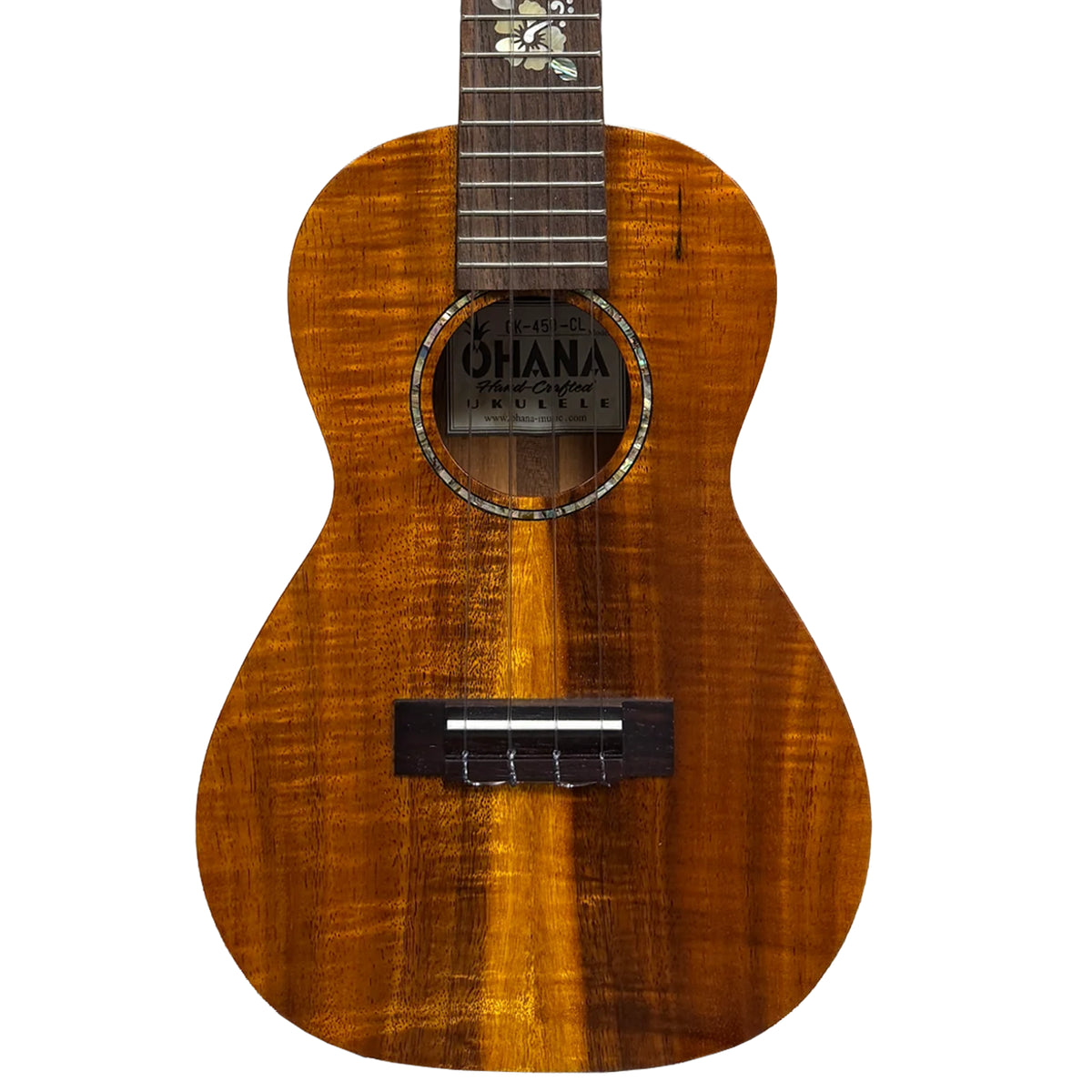 Ohana CK-450CL Cynthia Lin Signature koa concert ukulele, front with rosette