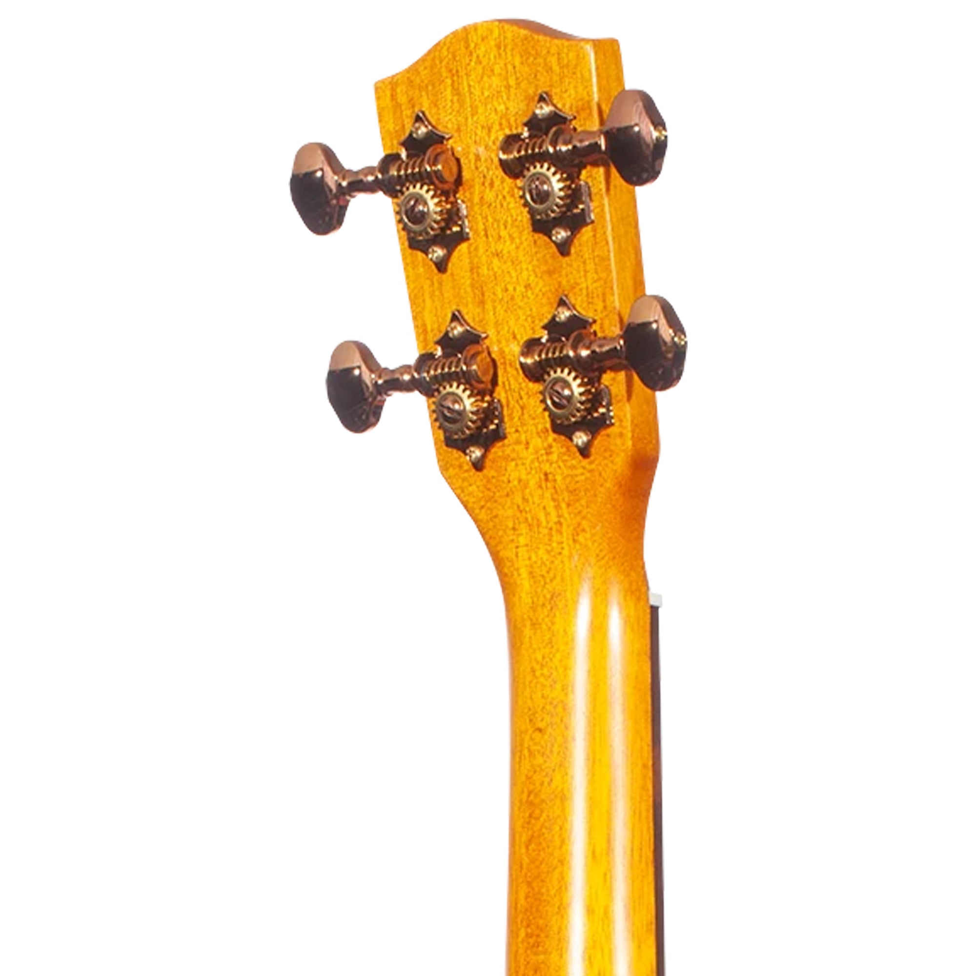 Close-up of the headstock of a wooden stringed instrument, showing the four tuning pegs and the glossy warm wood finish against a plain white background.