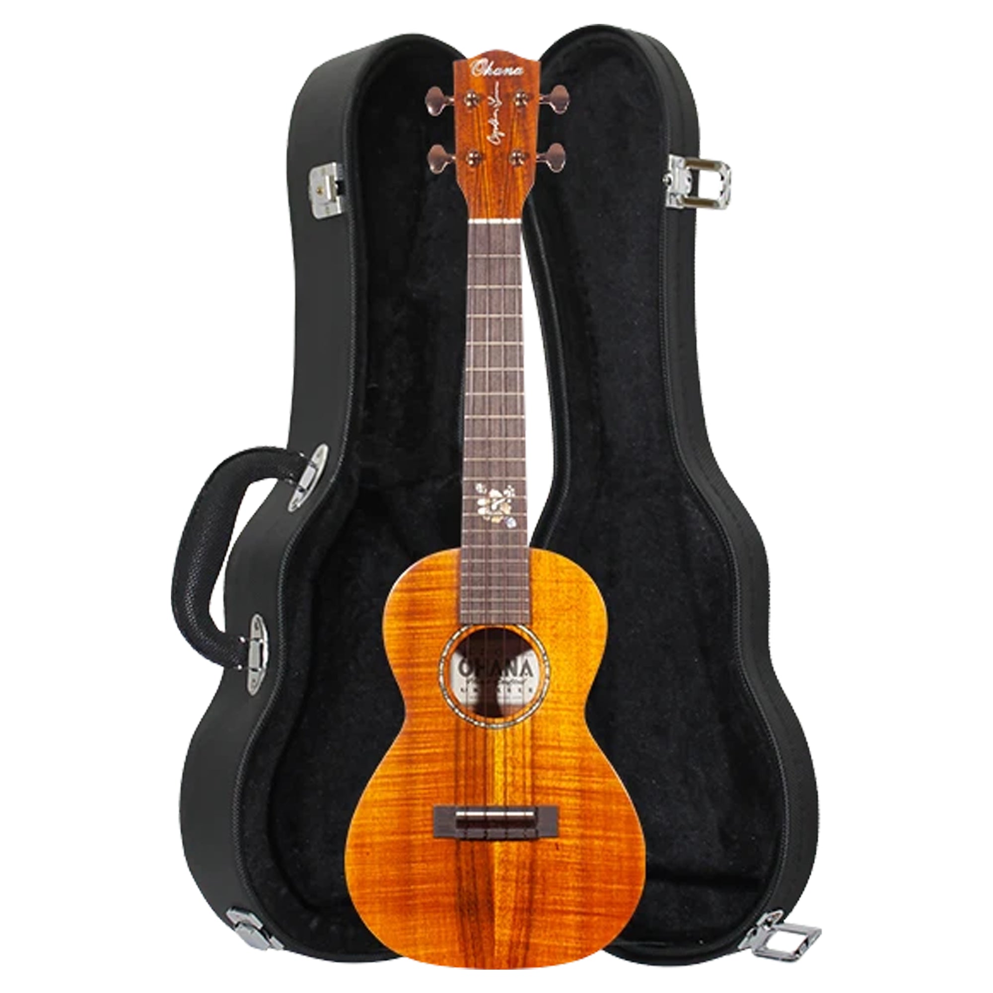 A close-up of a wooden ukulele with a bright orange flame finish, displayed inside an open black hard case on a white background.