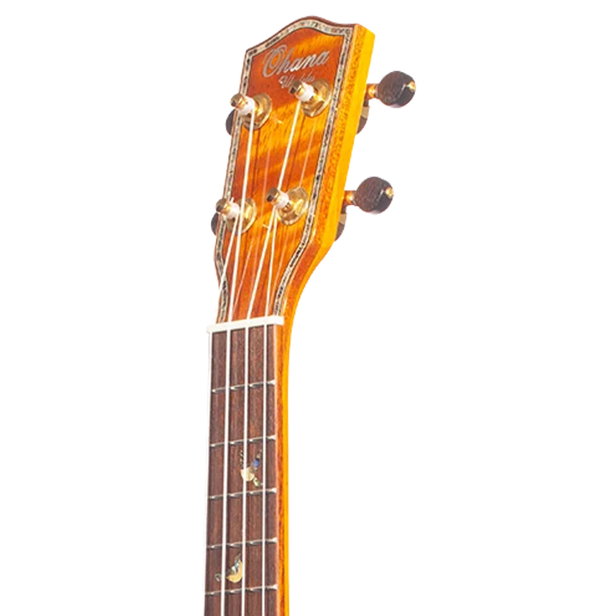 Close-up of the headstock and upper neck of an ohana ukulele, showing a warm orange-brown wood finish, gold tuning pegs, and a dark fretboard on a plain white background.