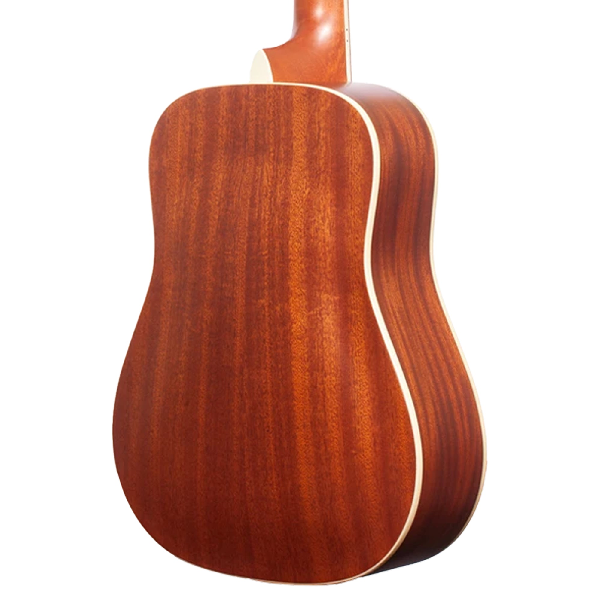 Close-up of the back of an Ohana GT-3A guitar showing the rich reddish-brown wood grain finish and a light cream binding edge, isolated on a white background.