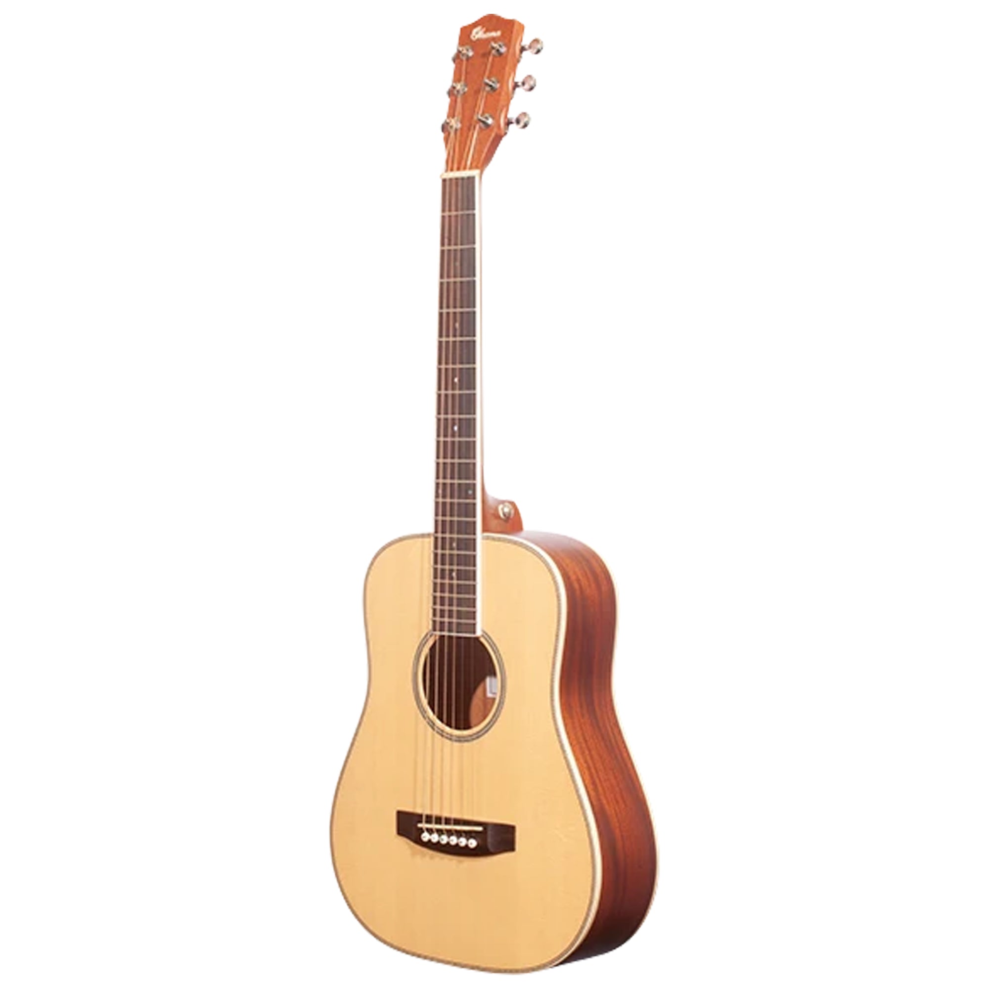 An Ohana GT-3A guitar with a natural wood top and reddish-brown sides, shown from a three-quarters angle on a solid white background.