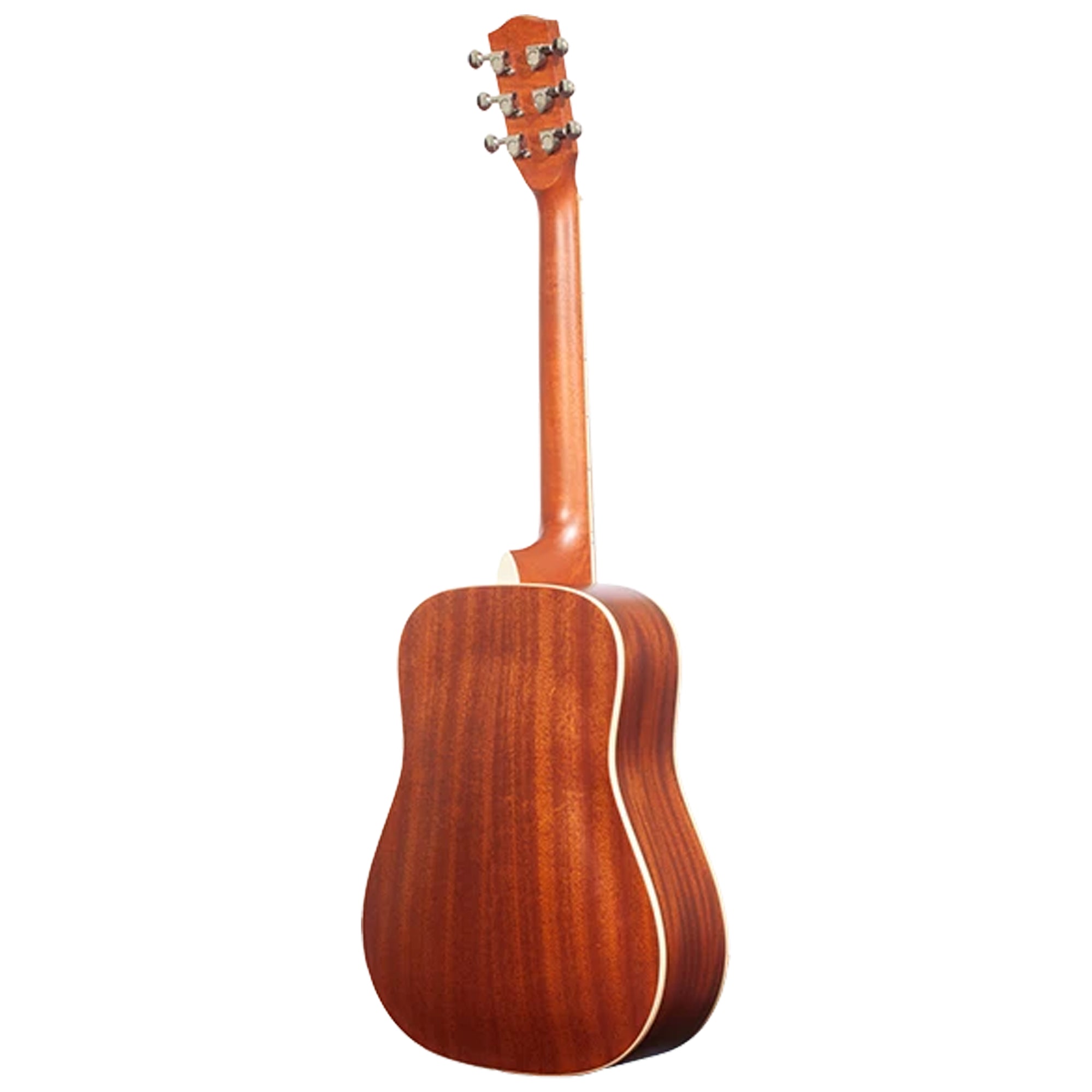 The back view of a wooden Ohana GT-3A guitar with a warm reddish-brown finish and a white binding line, isolated on a white background.