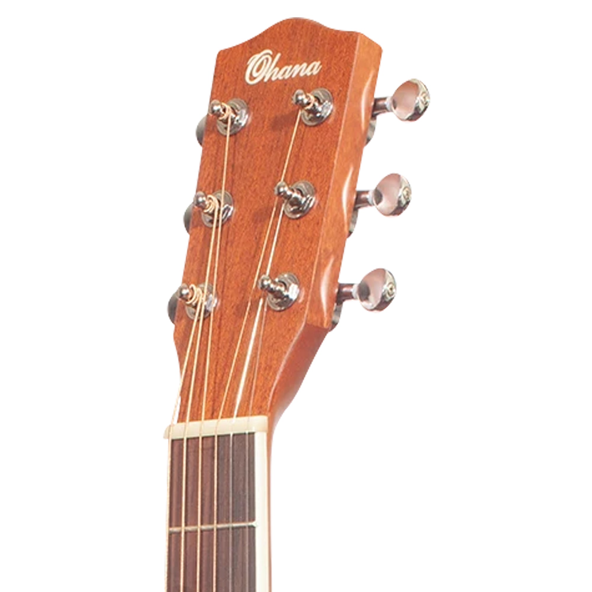Close-up of an acoustic guitar headstock with six tuning pegs, six strings, and the brand name 'Ohana' in white script on a warm brown wood finish, isolated on a white background.