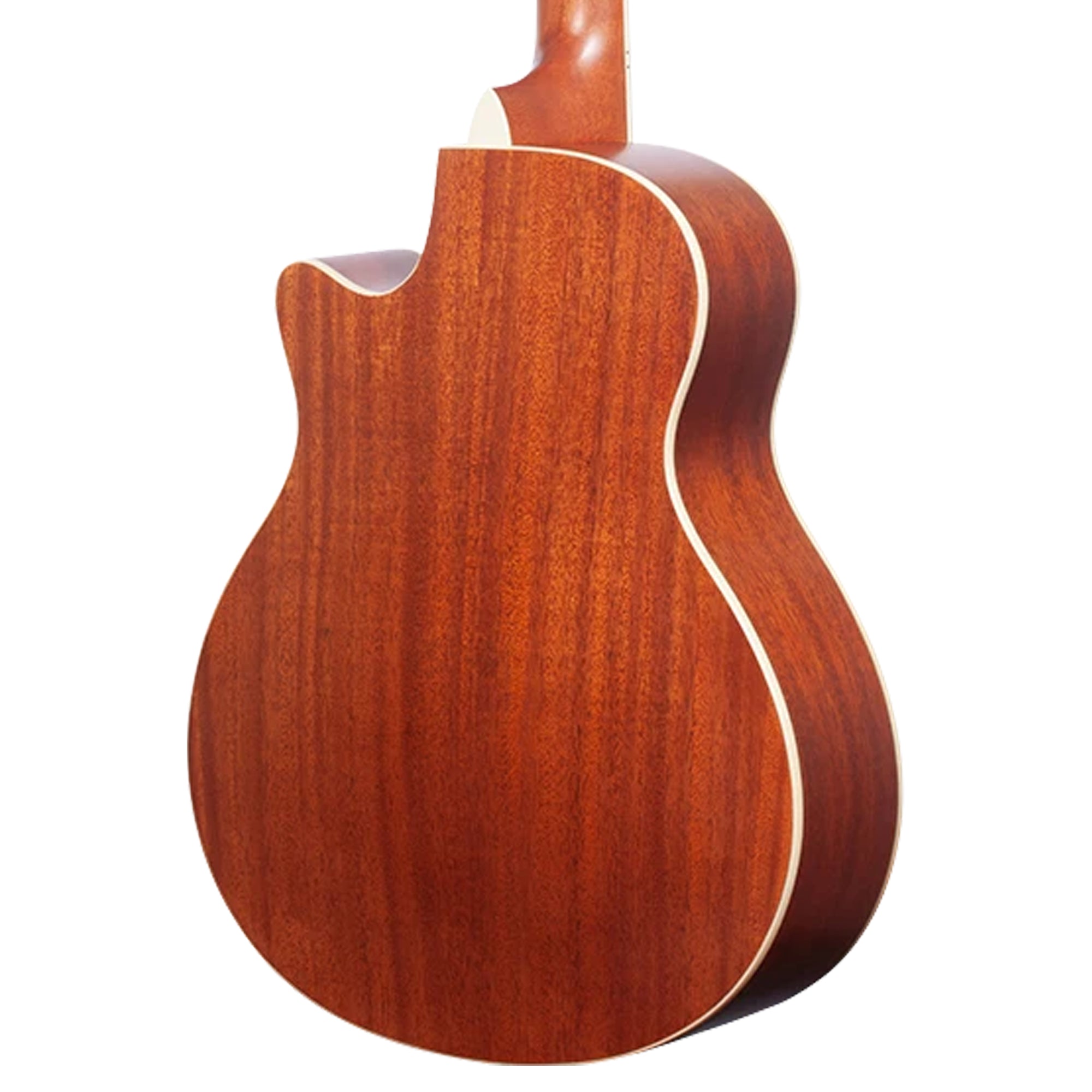 Close-up of the back of an Ohana GT-3C guitar showing a rich reddish-brown wood grain finish and a white binding edge, isolated on a white background.