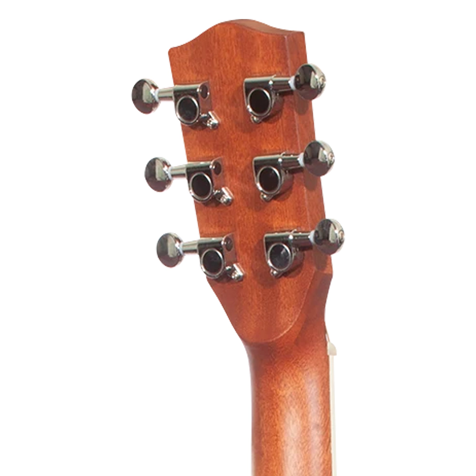 Close-up of a wooden guitar headstock with six silver tuning pegs on a plain white background.