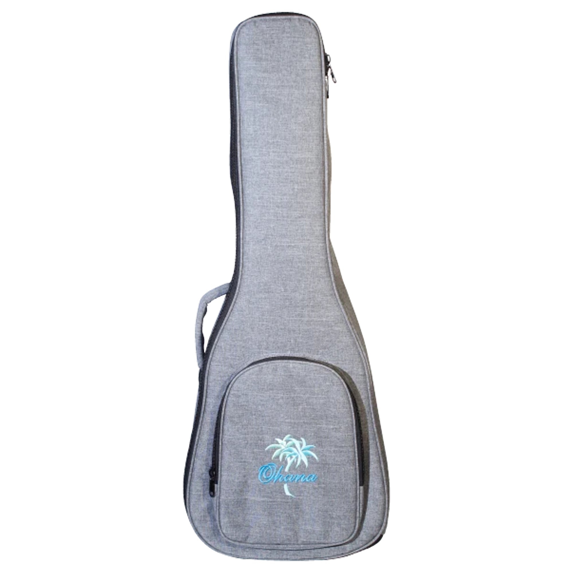 A heather gray ukulele gig bag with a front zippered pocket featuring a light blue palm tree logo and the word 'Ohana'.