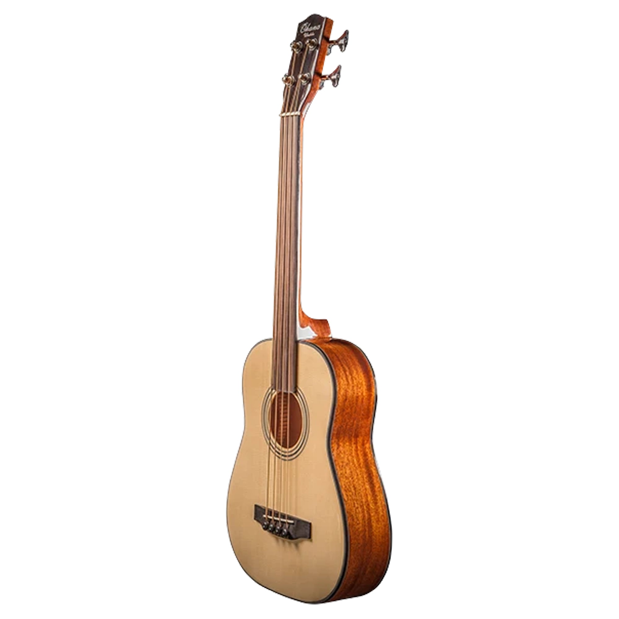 An Ohana OBU-22FL with a natural wood body and a reddish-brown varnished back and sides, shown against a solid white background.