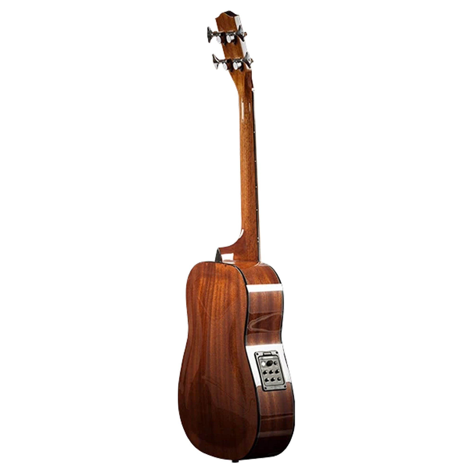 A brown bass shown from the back, featuring a glossy wood finish, a silver metal soundhole cover, and tuning pegs on the neck, isolated on a white background.