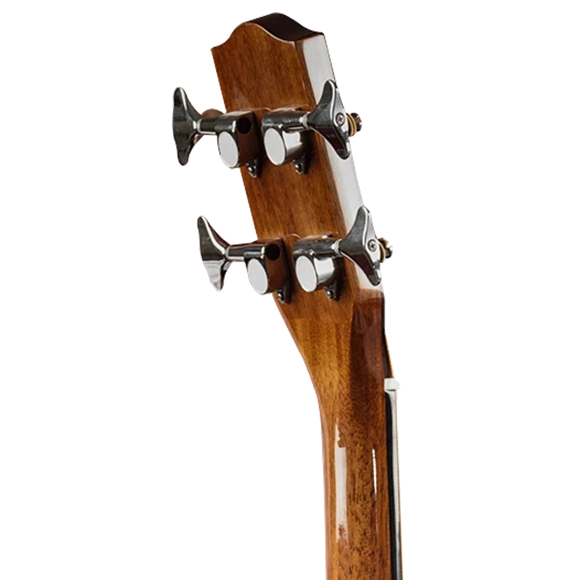 Close-up of the headstock of a wooden stringed instrument, showing the four tuning pegs and part of the glossy brown neck against a white background.