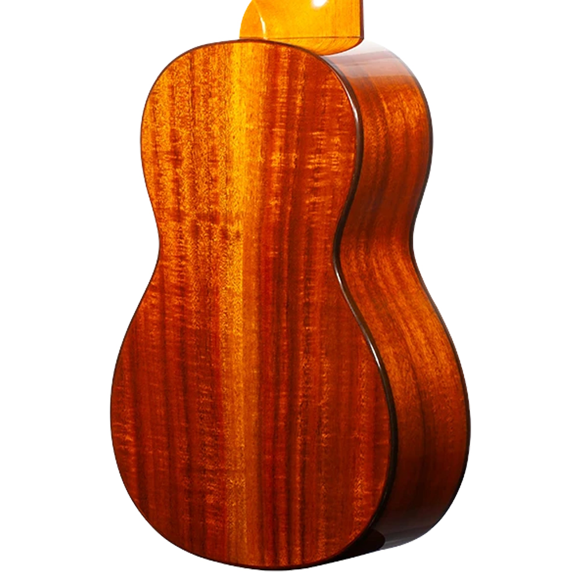 Close-up of the back of a Ohana SK-270M ukulele showing a rich, glossy reddish-brown wood grain finish against a solid white background.