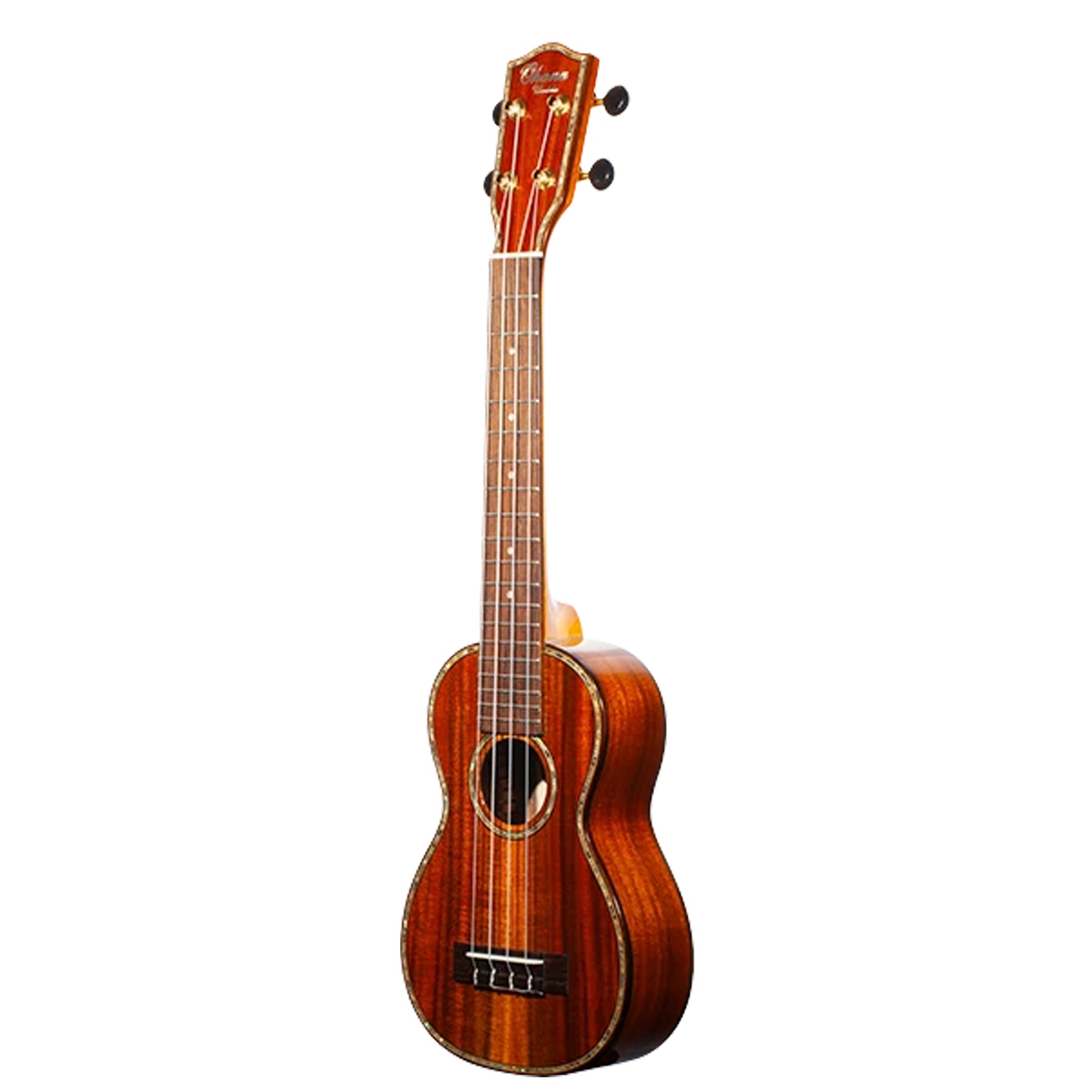 A classic Ohana SK-270M ukulele with a warm reddish-brown finish and gold-toned hardware, shown against a solid white background.