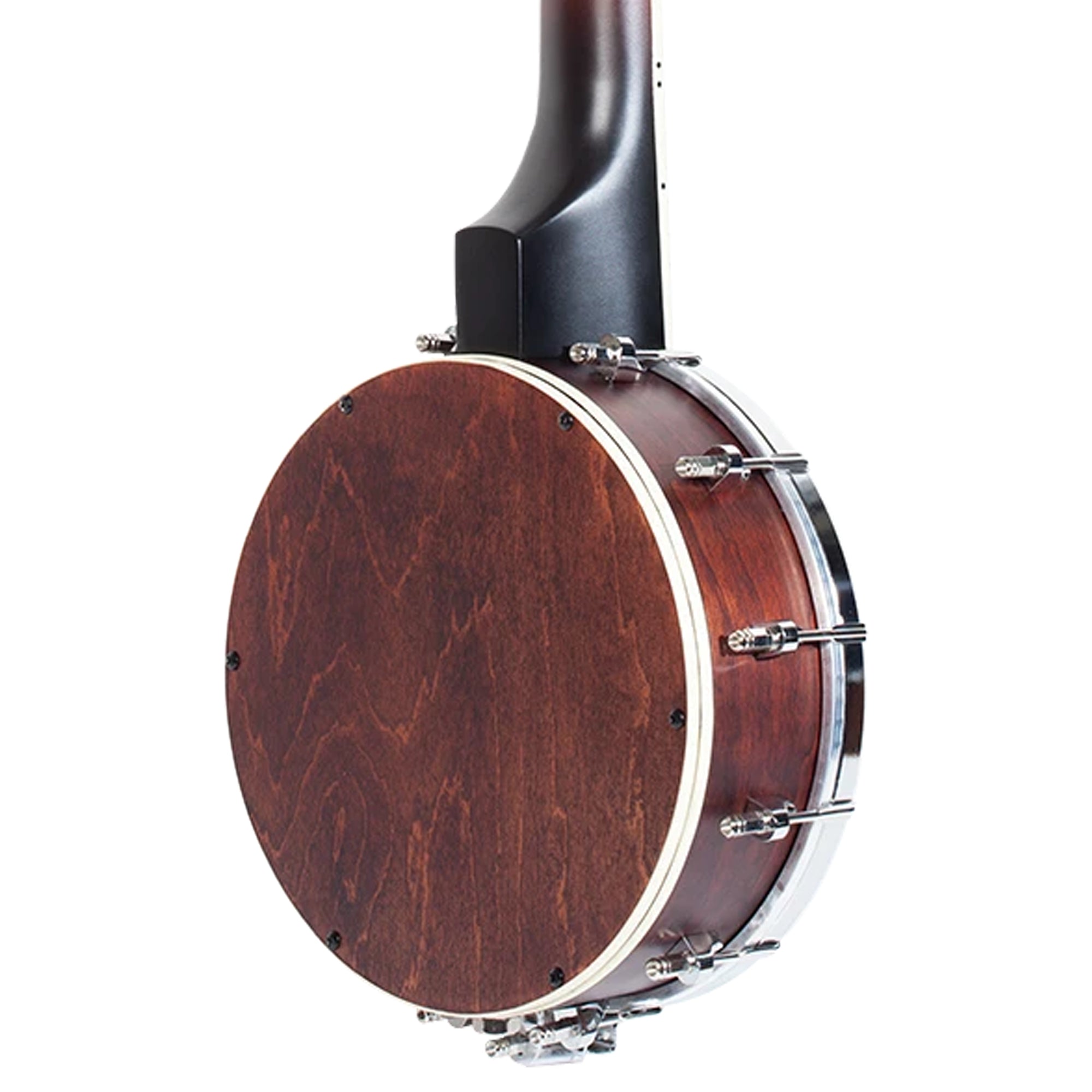 Close-up rear view of a Ohana TK-120BUC with a dark reddish-brown wooden back, silver metal hardware, and a black neck against a white background.