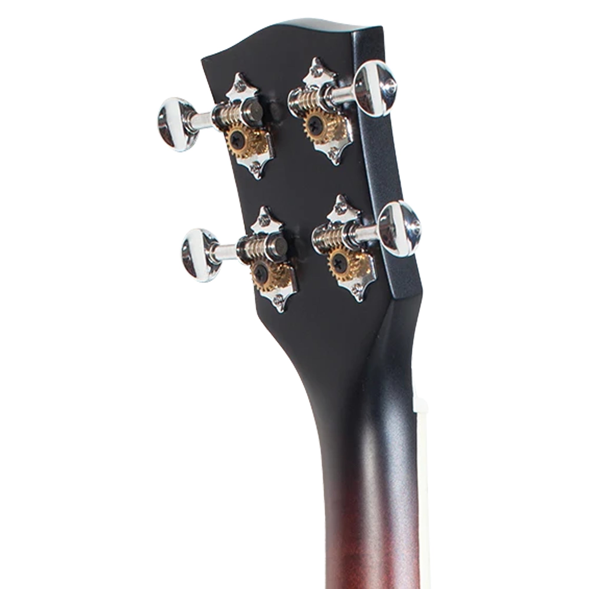 Close-up of the headstock of a guitar, showing four tuning pegs with decorative silver and gold gears on a black headstock with a dark reddish-brown body visible below, isolated on a white background.
