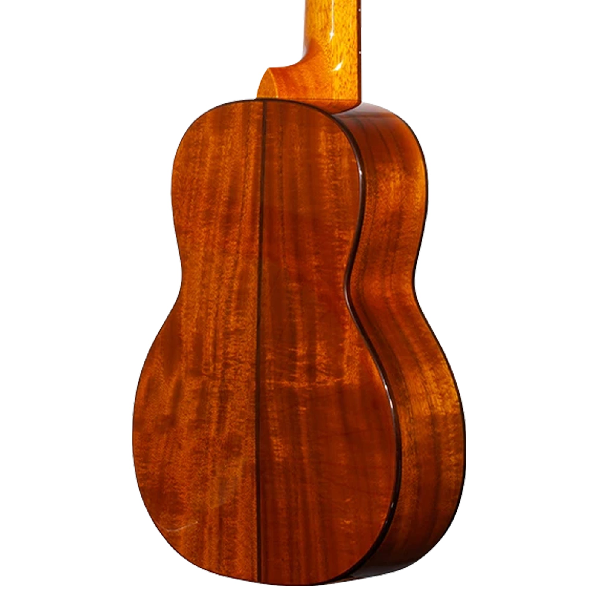 Close-up of the back of a Ohana TK-260GCE showing the rich, glossy grain of the mahogany body and the neck joint, set against a plain white background.
