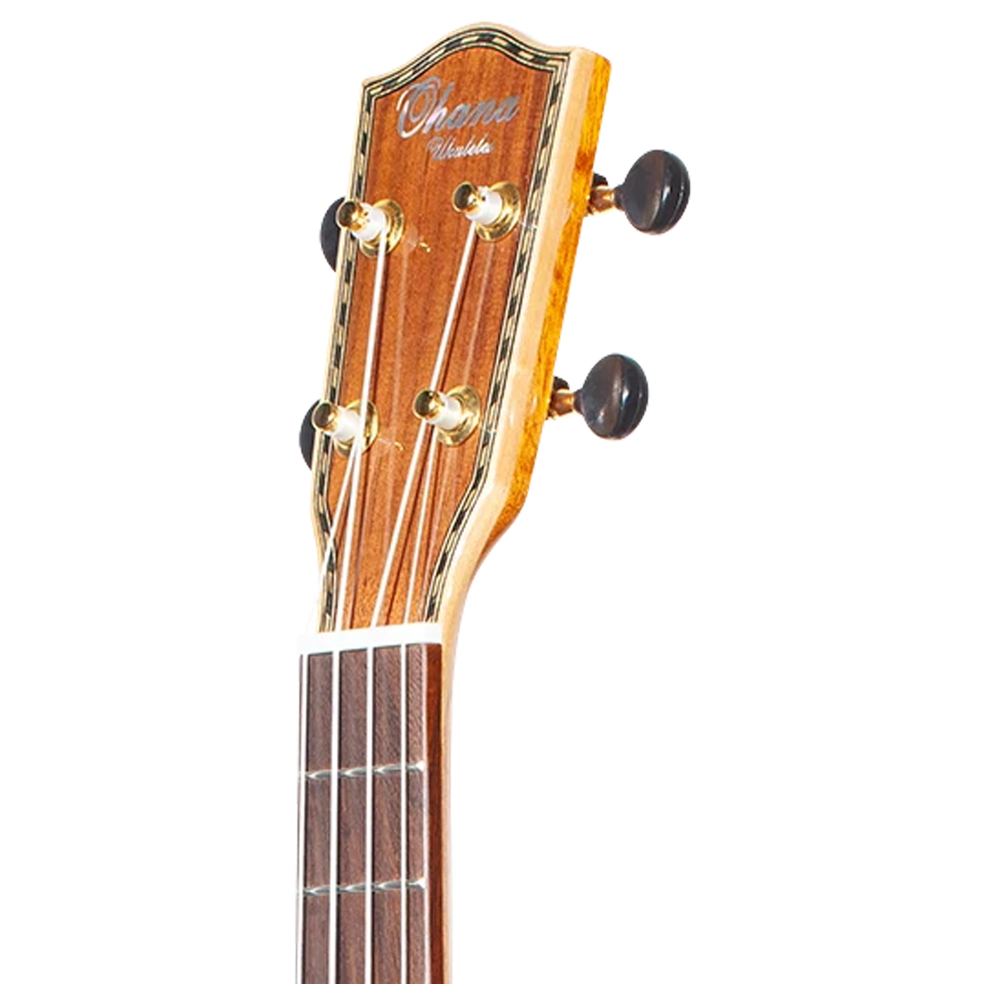 Close-up of the headstock of a Ohana ukulele, showing the brand name in script, six tuning pegs, and the top of the fretboard against a white background.