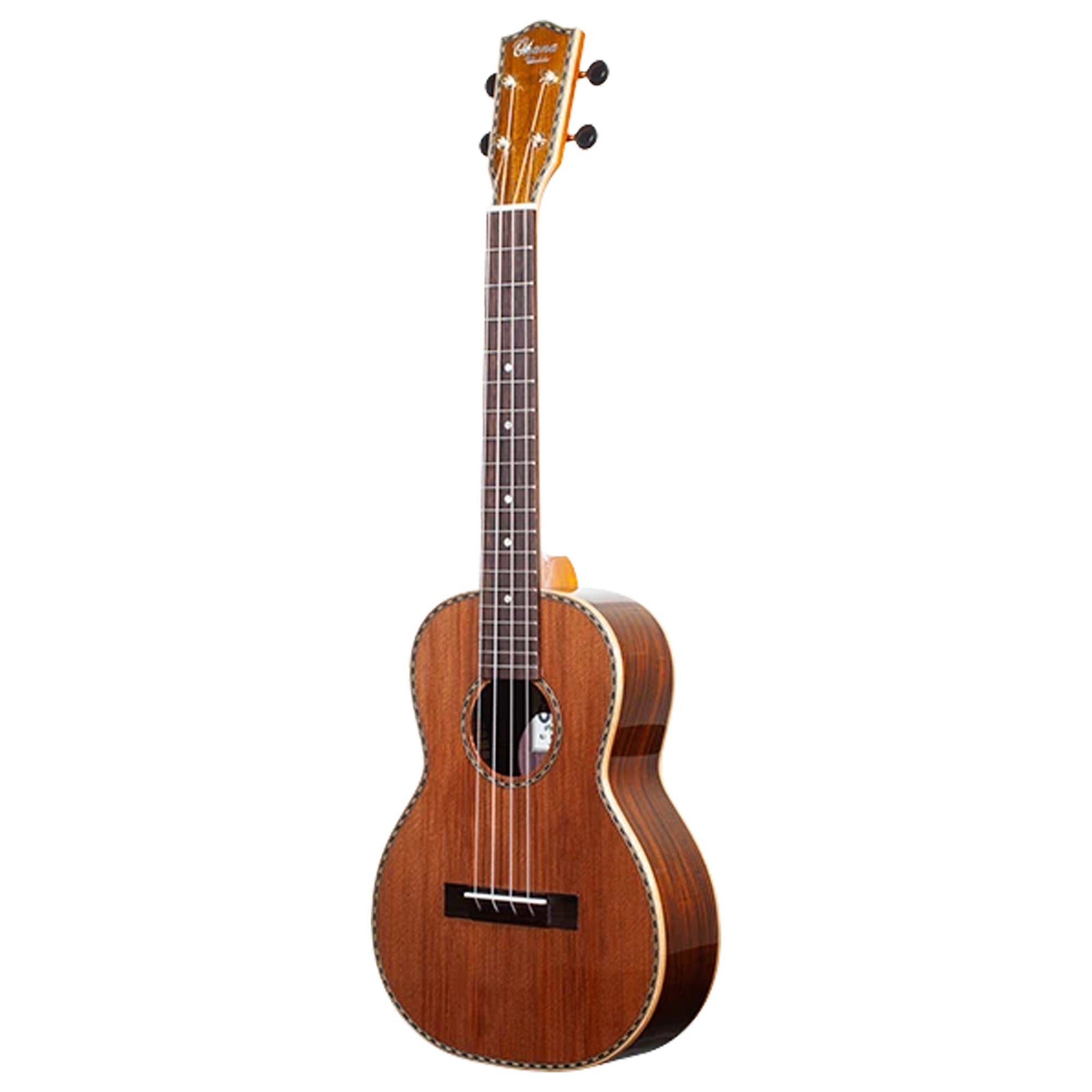 A Ohana TK-42 with a natural wood finish, featuring a dark fretboard, black bridge, and white binding, shown against a plain white background.