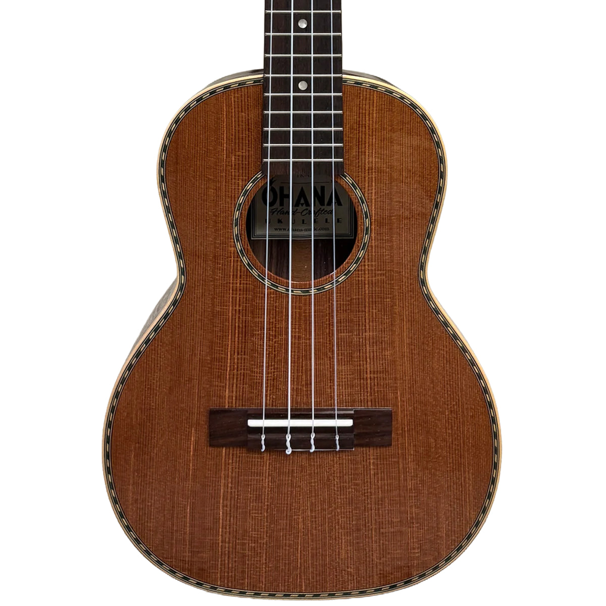 Ohana TK-42 redwood tenor ukulele, front with inlaid binding and rosette