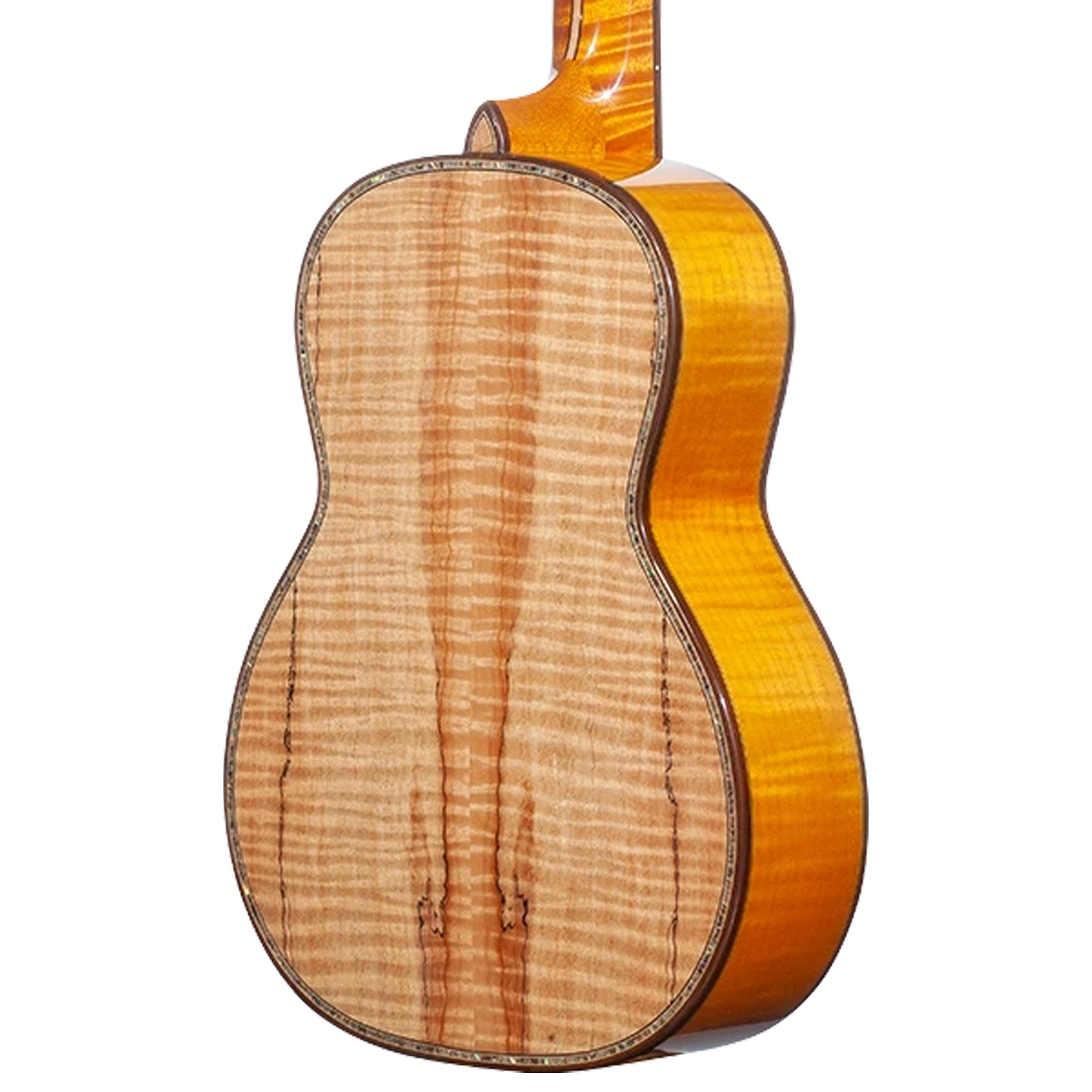 Close-up of the back of a Ohana TK-450SMP showing a figured maple wood backplate with a warm honey-orange sunburst finish and dark binding.