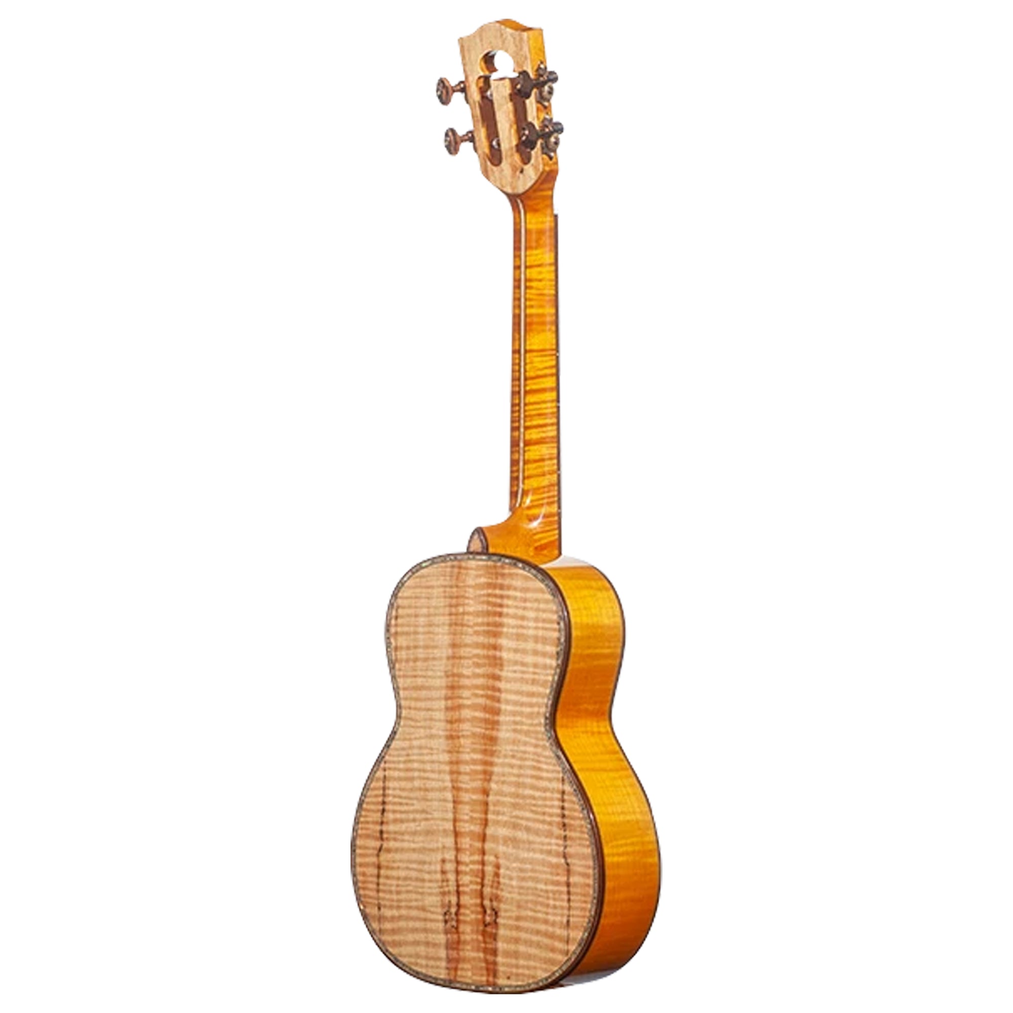 A close-up of a Ohana TK-450SMP body and neck, likely a ukulele, showing a vibrant flame maple top and a bright yellow-orange back, isolated on a white background.