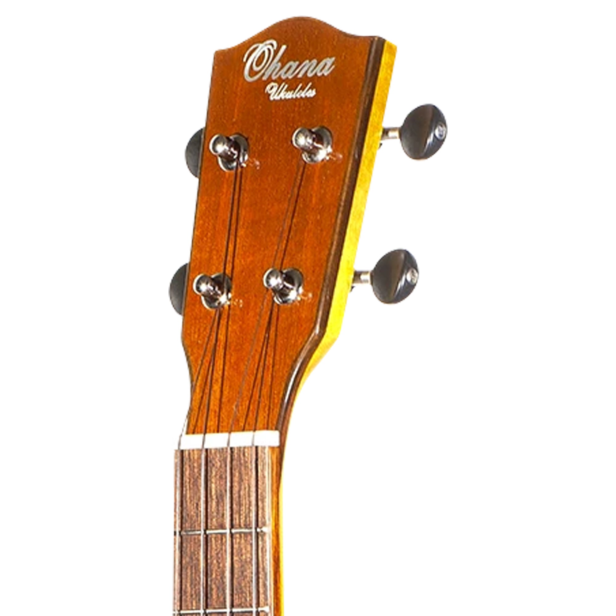 Close-up of the headstock of an Ohana Ukulele, showing the brand name in white script on a warm brown wooden surface with a yellow edge, four tuning pegs, and strings on a plain white background.