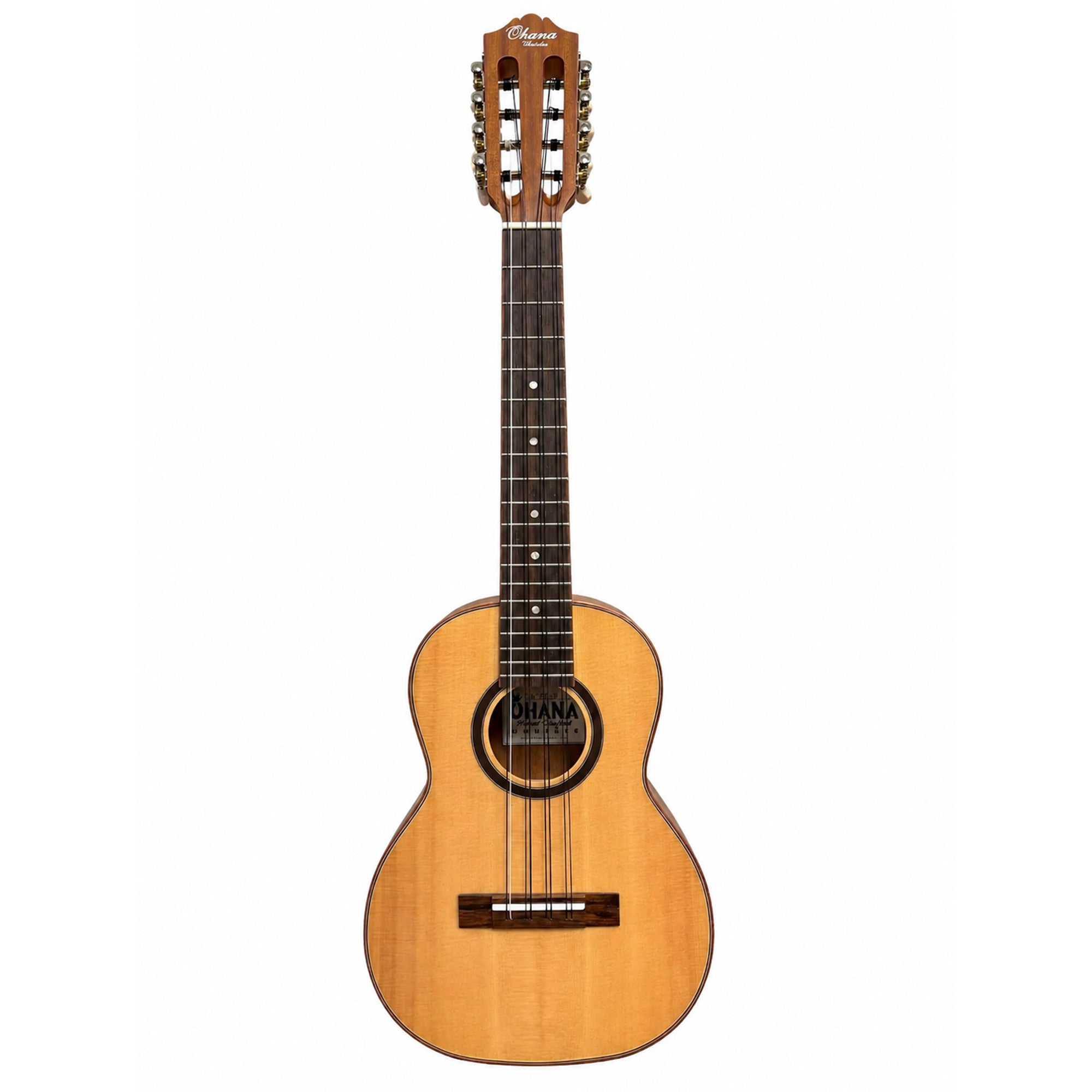 A Ohana TK-70-8 with a natural wood finish, shown from the front against a solid white background.