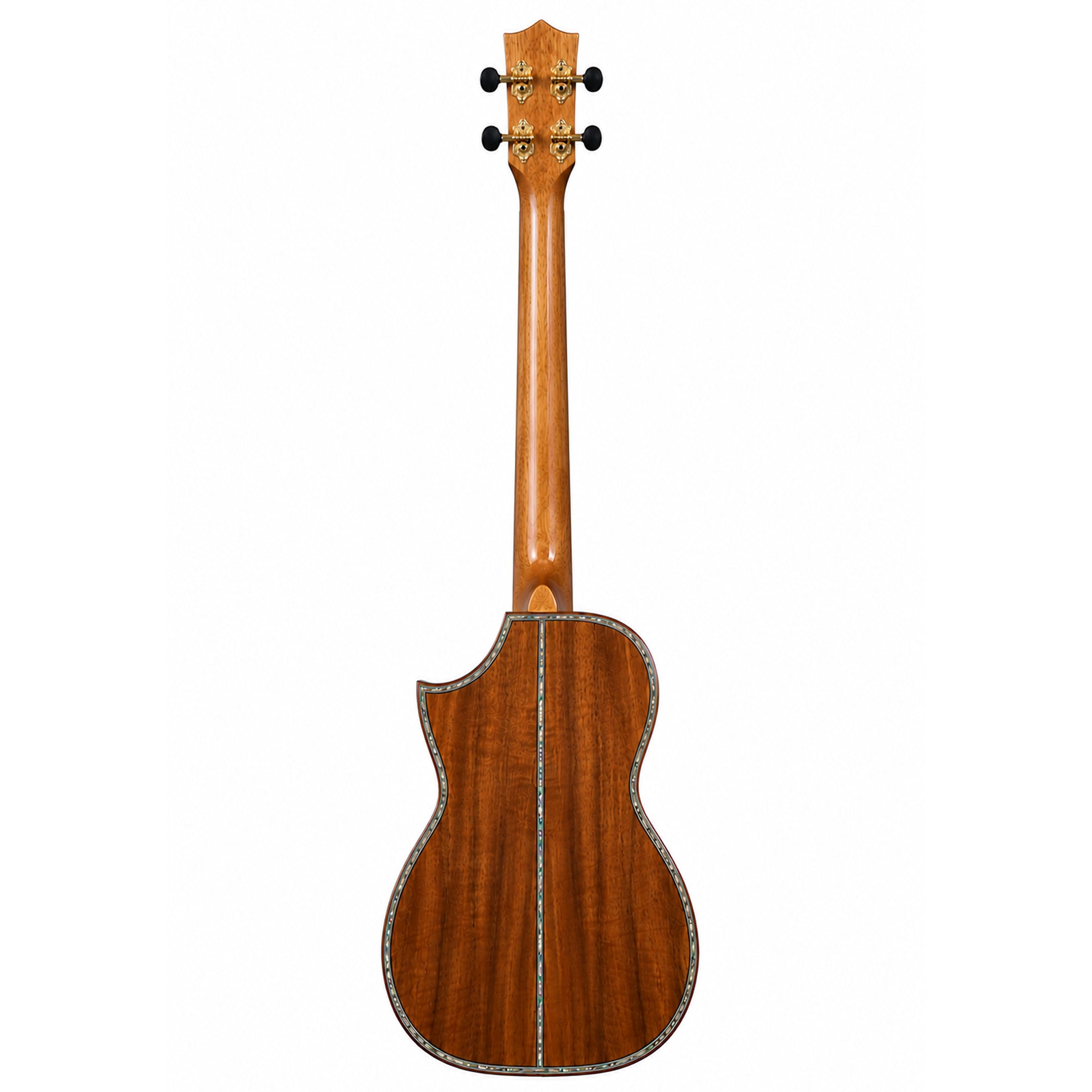 The back view of a Ohana TK-70KC Limited Edition Tenor Ukulele with a glossy mahogany finish, featuring a cutaway body, decorative inlay, and a six-string tuning headstock, isolated on a white background.