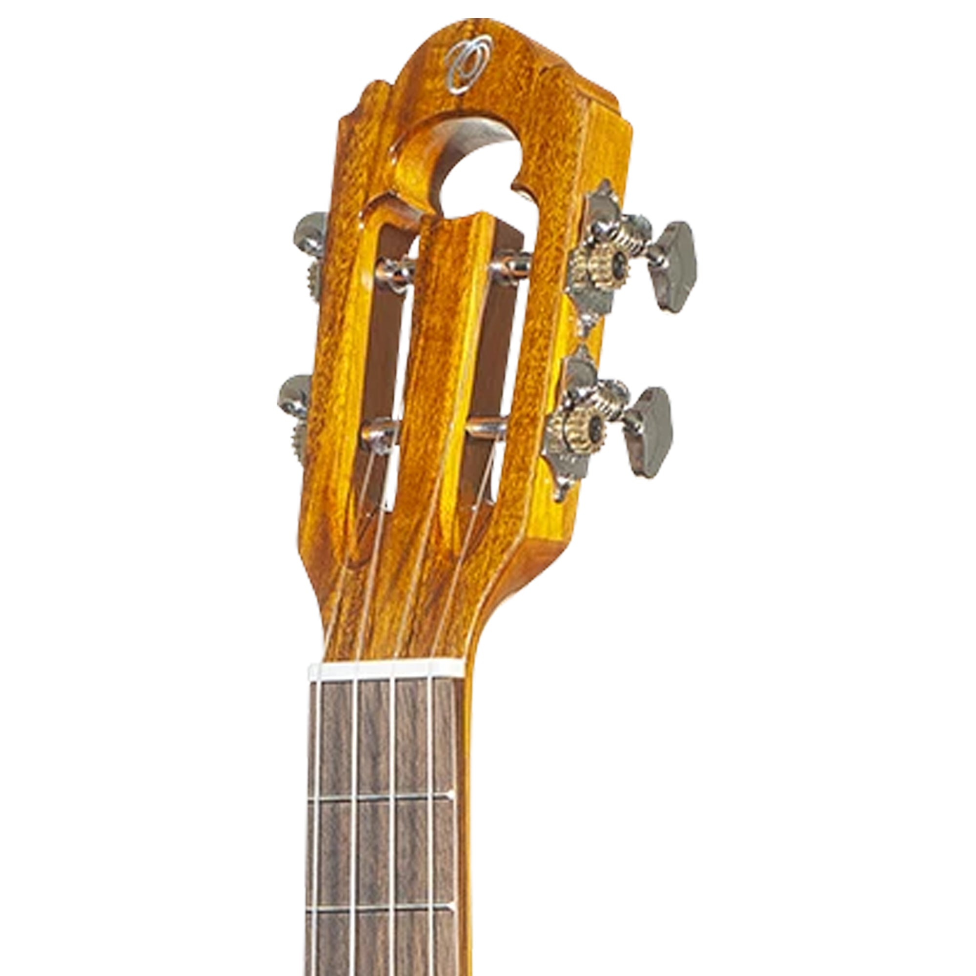 Close-up of a wooden ukulele headstock with four tuning pegs and a dark fretboard, shown against a plain white background.