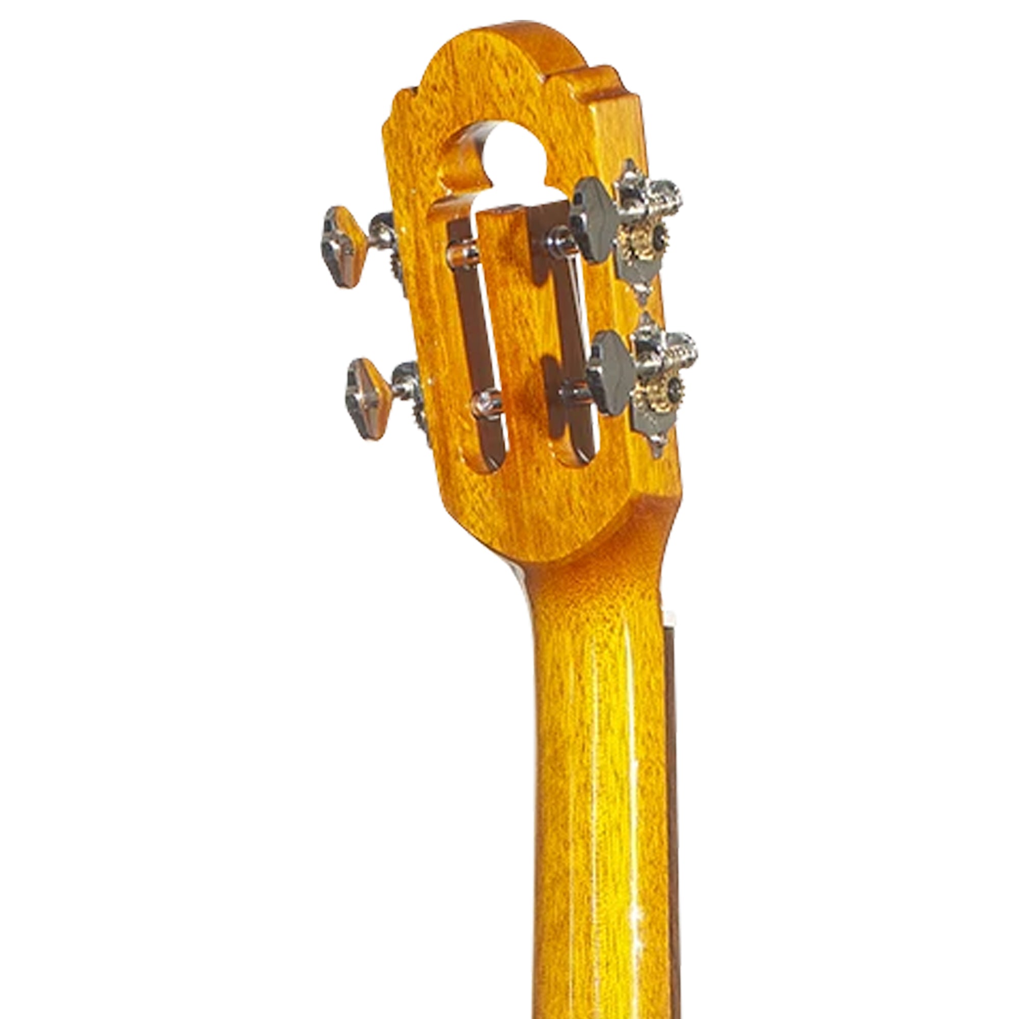 Close-up of the headstock and neck of a wooden stringed instrument, showing a glossy warm yellow-orange wood finish and silver tuning pegs against a plain white background.