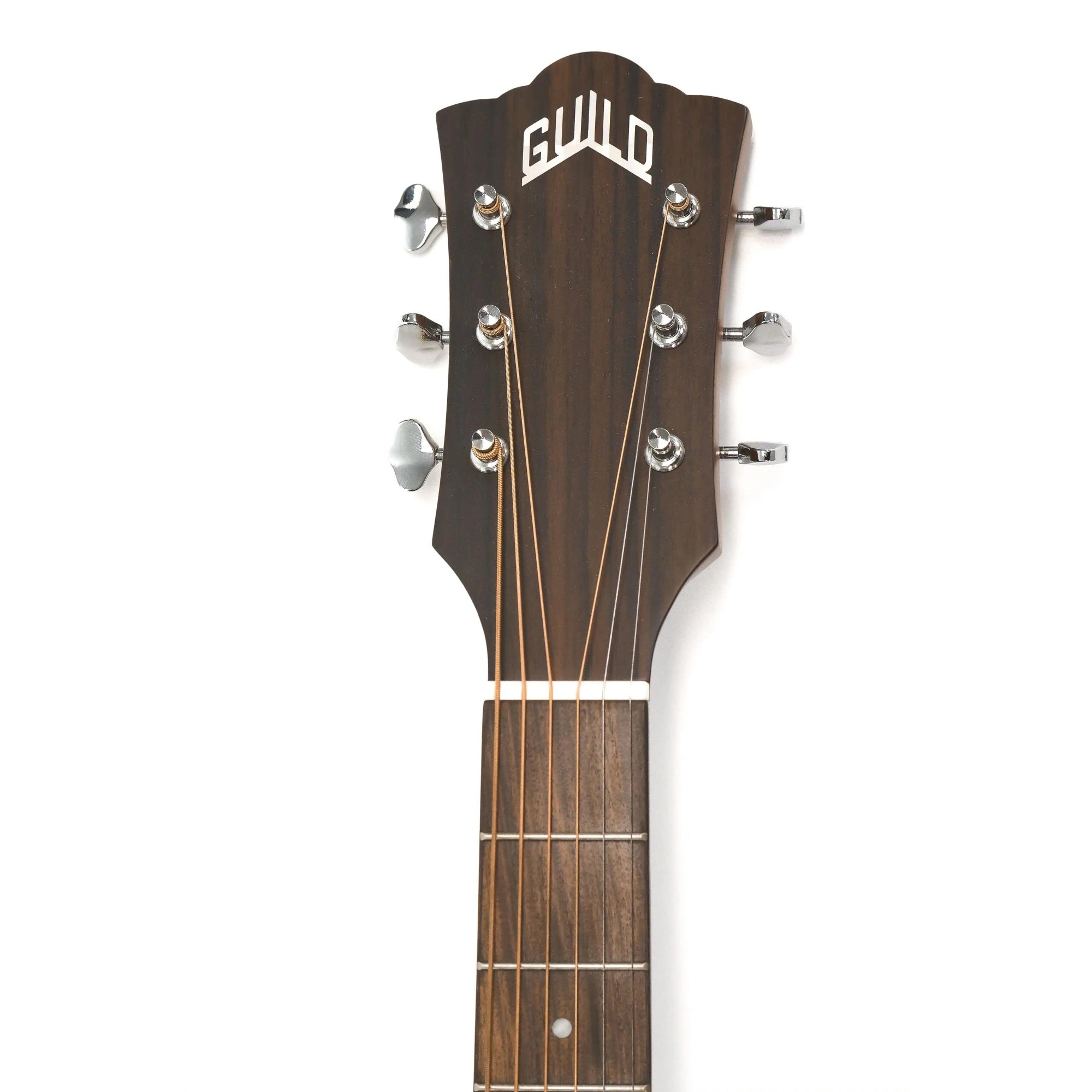 Guitar headstock withGuild logo on a white background