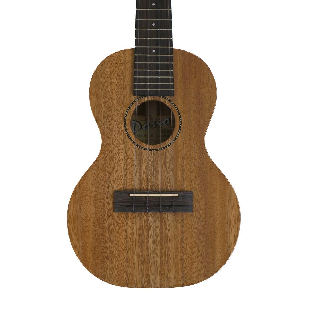 Pono ACD concert ukulele body front, solid acacia top in gloss with ebony bridge and rope rosette