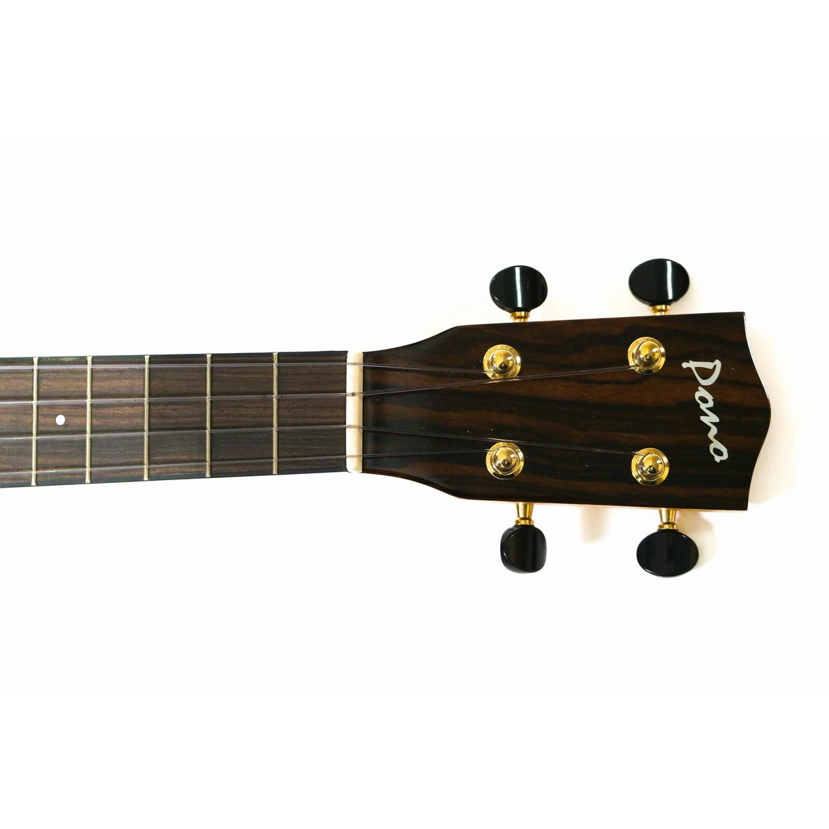 Pono ACD headstock front with ebony plate, Pono logo and gold Grover tuners