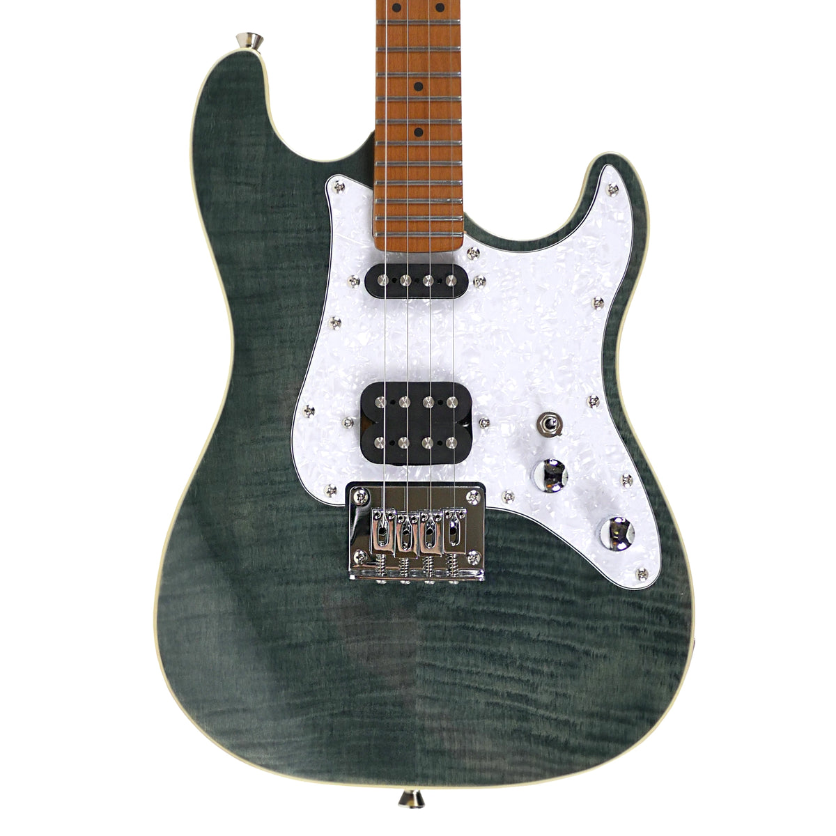 The Flight Pathfinder TBK Tenor Ukulele showcases its gradient black flamed maple veneer, dual pickups, and hardtail fixed bridge.