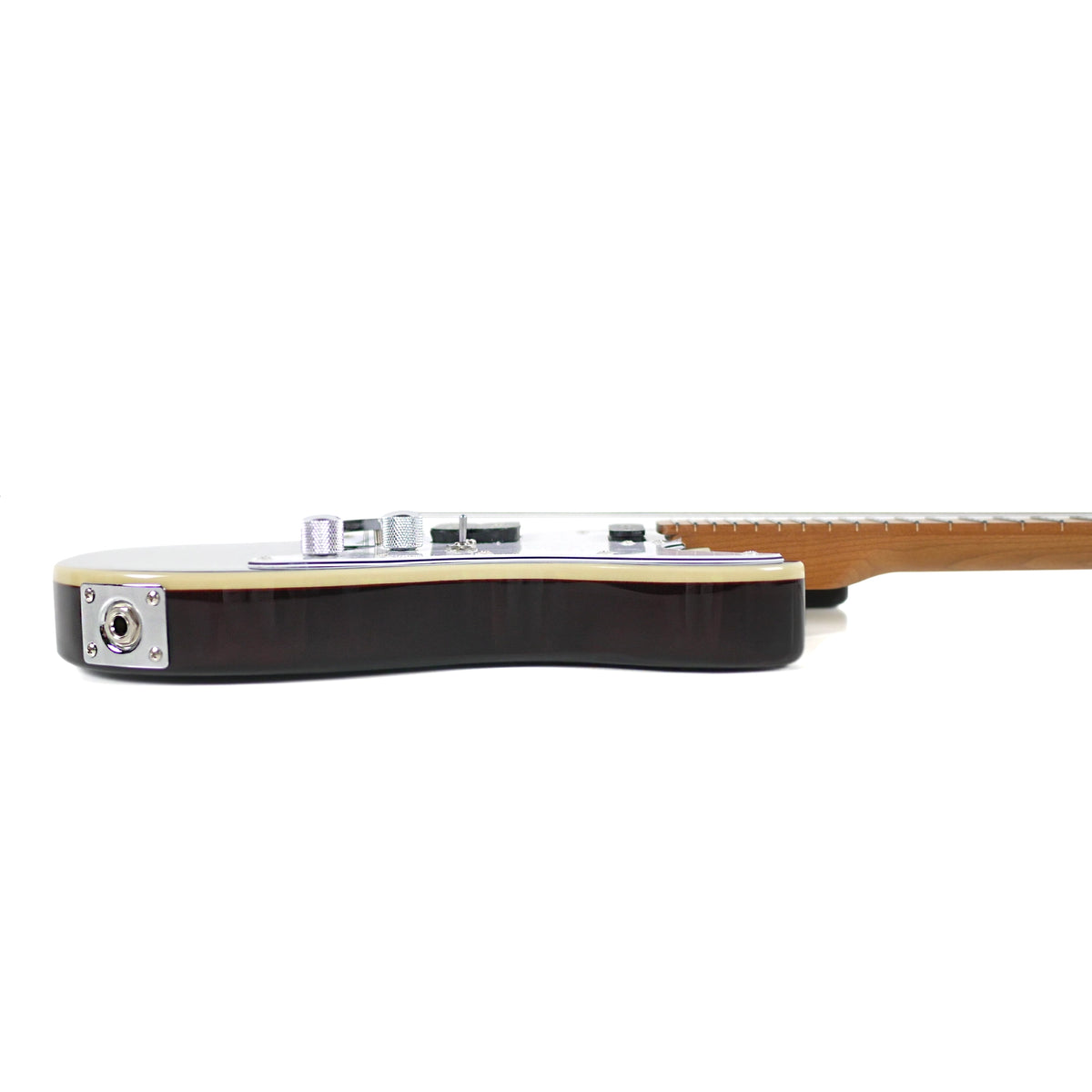 This side view of the Flight Pathfinder TBK Tenor Ukulele highlights its white ABS binding and output jack.