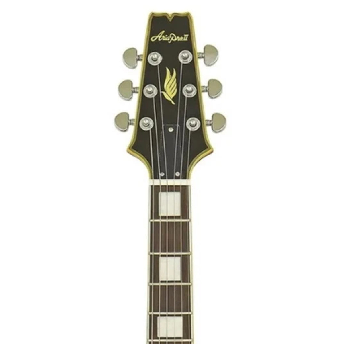 Close-up of an electric guitar headstock and upper neck, showing the Astor brand name in gold script on a black background with a gold flame emblem and six silver tuning pegs.