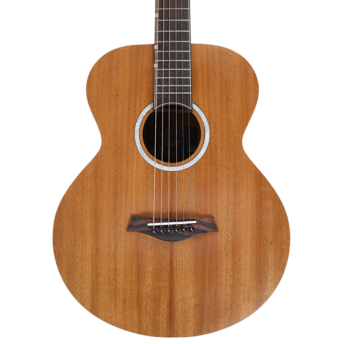 The close-up highlights the solid mahogany top, white acrylic rosette, and rosewood bridge of the Flight PIXI MAH.