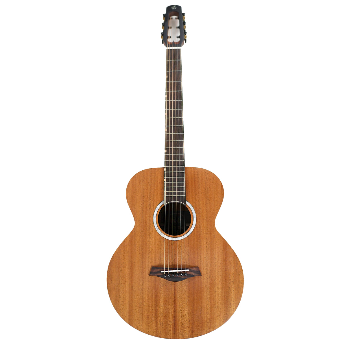 The full front view showcases the compact travel guitar design and natural mahogany grain of the Flight PIXI MAH.